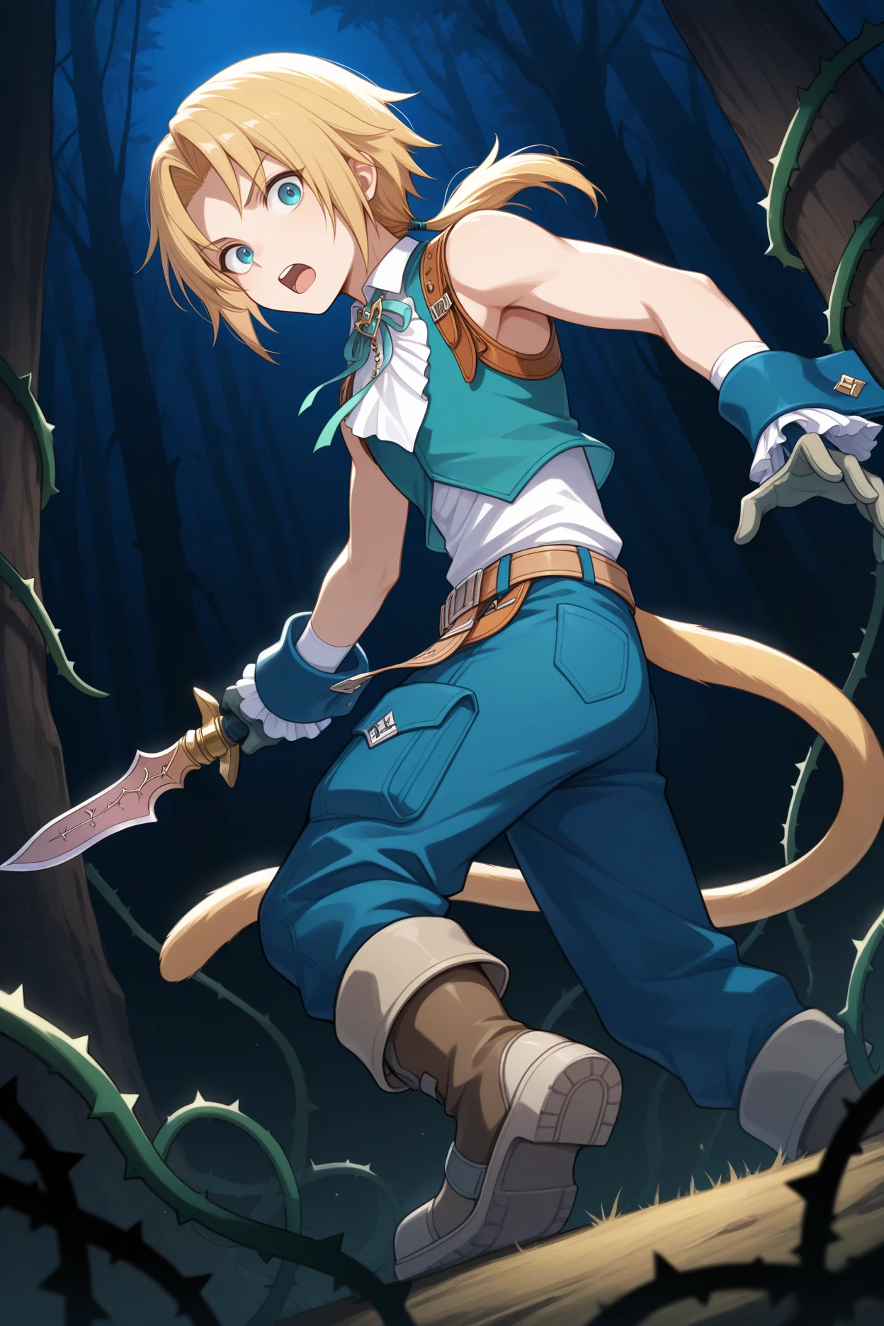 masterpiece, best quality, 1boy, solo, male focus,  <lora:ffzidane-illu-nvwls-v1-000005:1> z1d4ne, blonde hair, parted bangs, low ponytail, blue eyes, tail, white shirt, sleeveless shirt, white shirt, white ascot, neck ribbon, blue vest, gloves, wrist cuffs, belt, blue pants, boots, forest, night, dark, holding dagger, from behind, open mouth, serious, thorns, vines, surprised, looking back