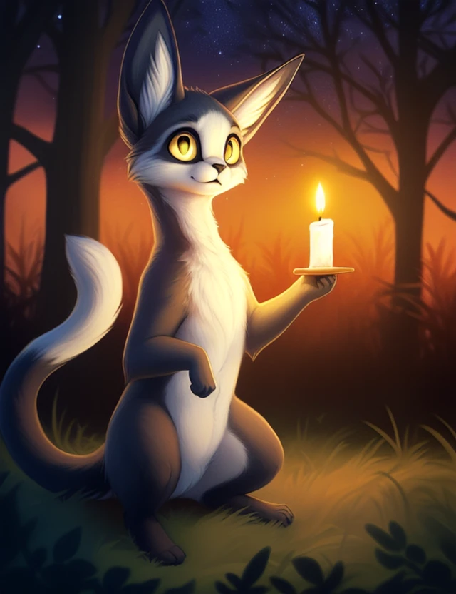 <lora:MokiVar1:1> MokiVar1, ((Large yellow eyes, white sclera, yellow pupil,)), white tip of tail, chibi, small body,
Looks at the viewer, [ solo,Night, candles, starry sky, trees, forest, ,] ((cowgirl position,))
beautiful, aesthetic, perfect, delicate, intricate, saturated colors, masterpiece, digital drawing, best quality,
by Lostgoose, by Silverfox5213, by Joaqun Sorolla