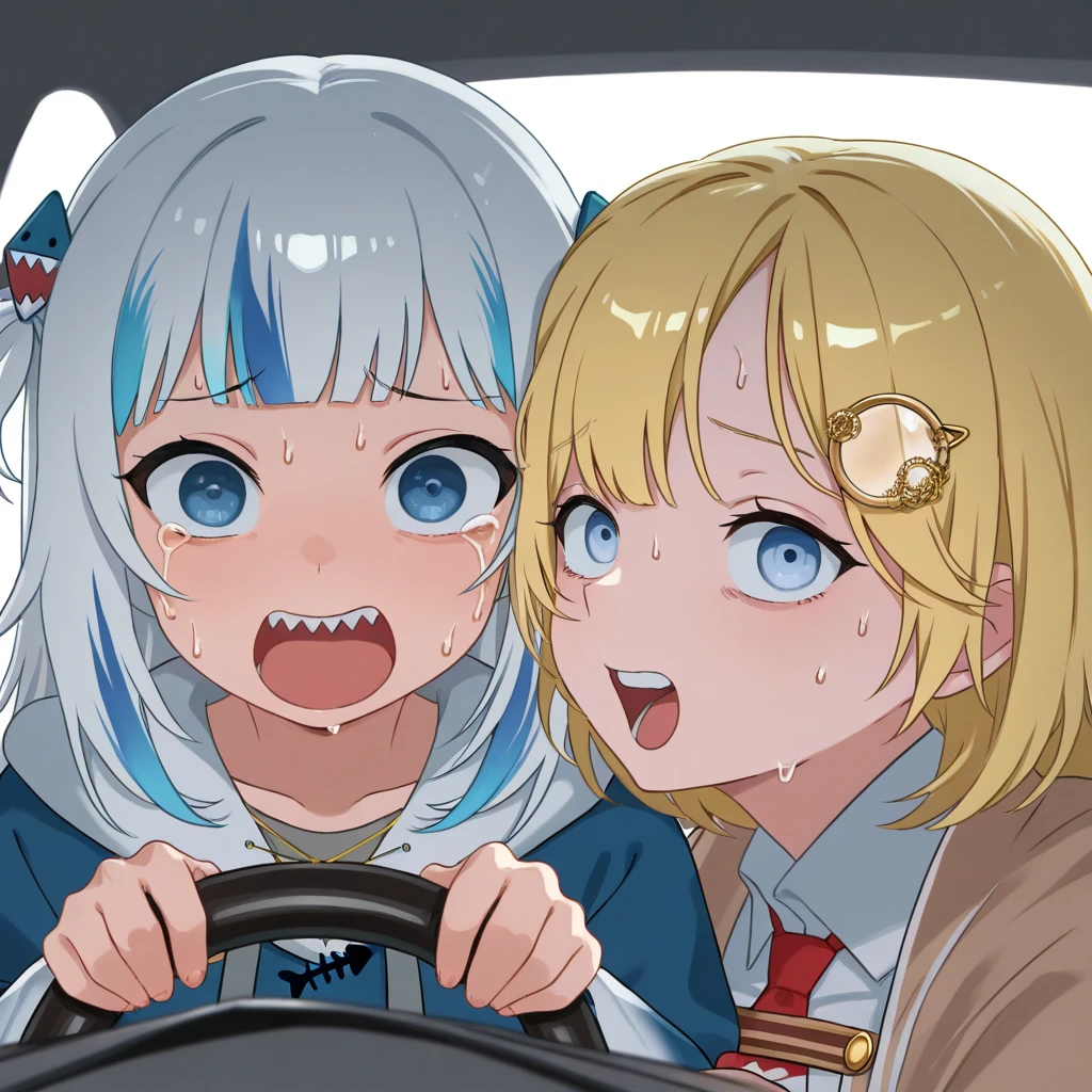 (masterpiece, high quality, amazing detail), highres, power crashes kobeni's car (meme), 2girls, hololive, gawr gura, watson amelia, multiple girls, car interior, steering wheel, look at viewer, crying with wide eyes open, nervous sweating, from front, <lora:power_crashes_car_meme-10:1>