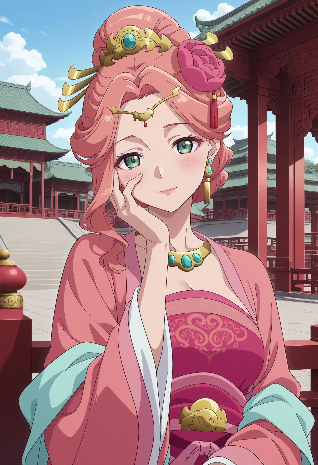 masterpiece, best quality, amazing quality, very aesthetic, intricate details, highly detailed background,<BREAK> 1girl, solo,
<lora:Gyokuyou_The_Apothecary_Diaries_IL_V1:1>, KJOgyokuyou, pink hair, green eyes, half updo, hair flower, hair ornament, single sidelock, pink lips, hair bun,
earrings, necklace, pink hanfu, light blue sash,
hand on face, head tilt, light smile, blush, looking at viewer,
palace, east asian architecture, outdoors, day,
(Beautiful, medium Breasts:1.2), mature female,