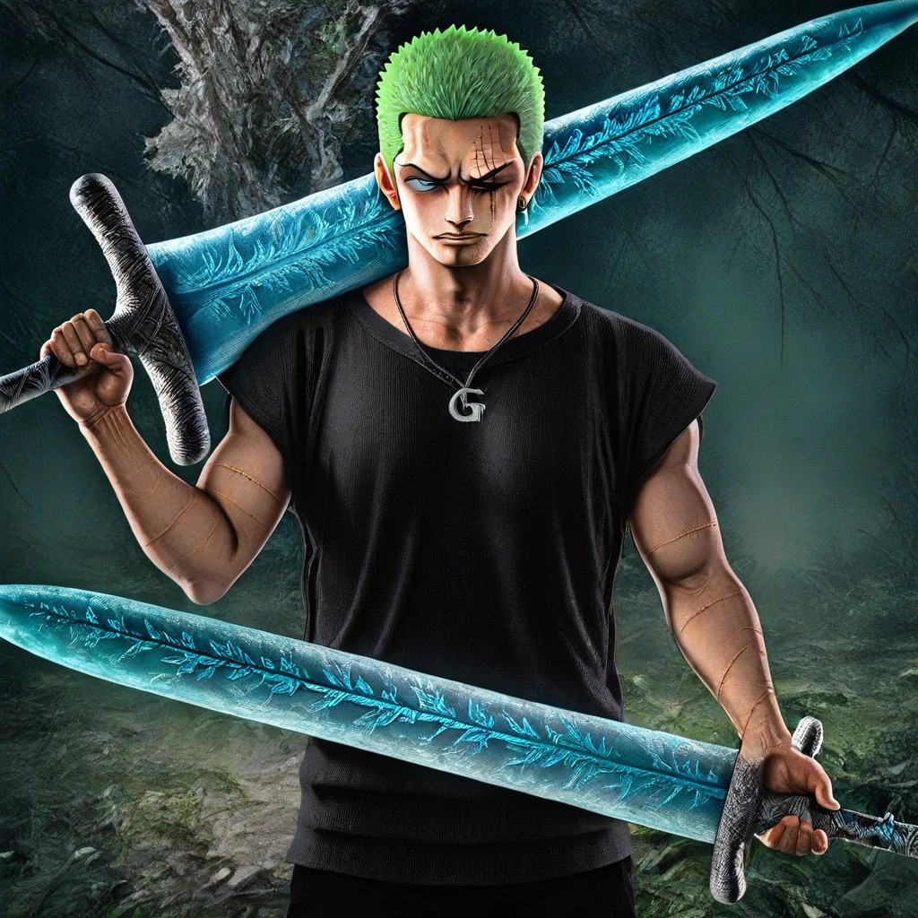 masterpiece, best quality, newest, absurdres, highres, anime, anime style, DarkMoonGreatSword-IL.V1.0, weapon, sword, holding weapon, holding sword, holding 1boy, Zoro /(one piece/), green hair, one closed eye, one eye open, scar over eye,