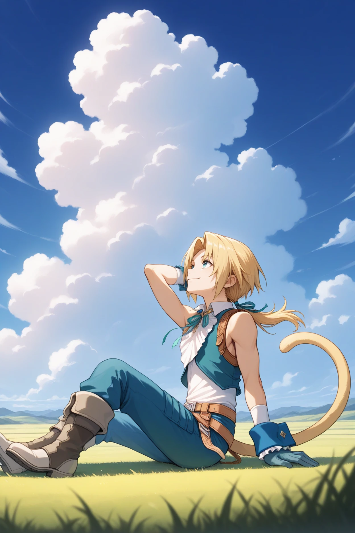 masterpiece, best quality, 1boy, solo, male focus,  <lora:ffzidane-illu-nvwls-v1-000005:1> z1d4ne, blonde hair, parted bangs, low ponytail, blue eyes, tail, white shirt, sleeveless shirt, white shirt, white ascot, neck ribbon, blue vest, gloves, wrist cuffs, belt, blue pants, boots, blue sky, clouds, sitting, on ground, field, arms behind head, smile, from side, looking up