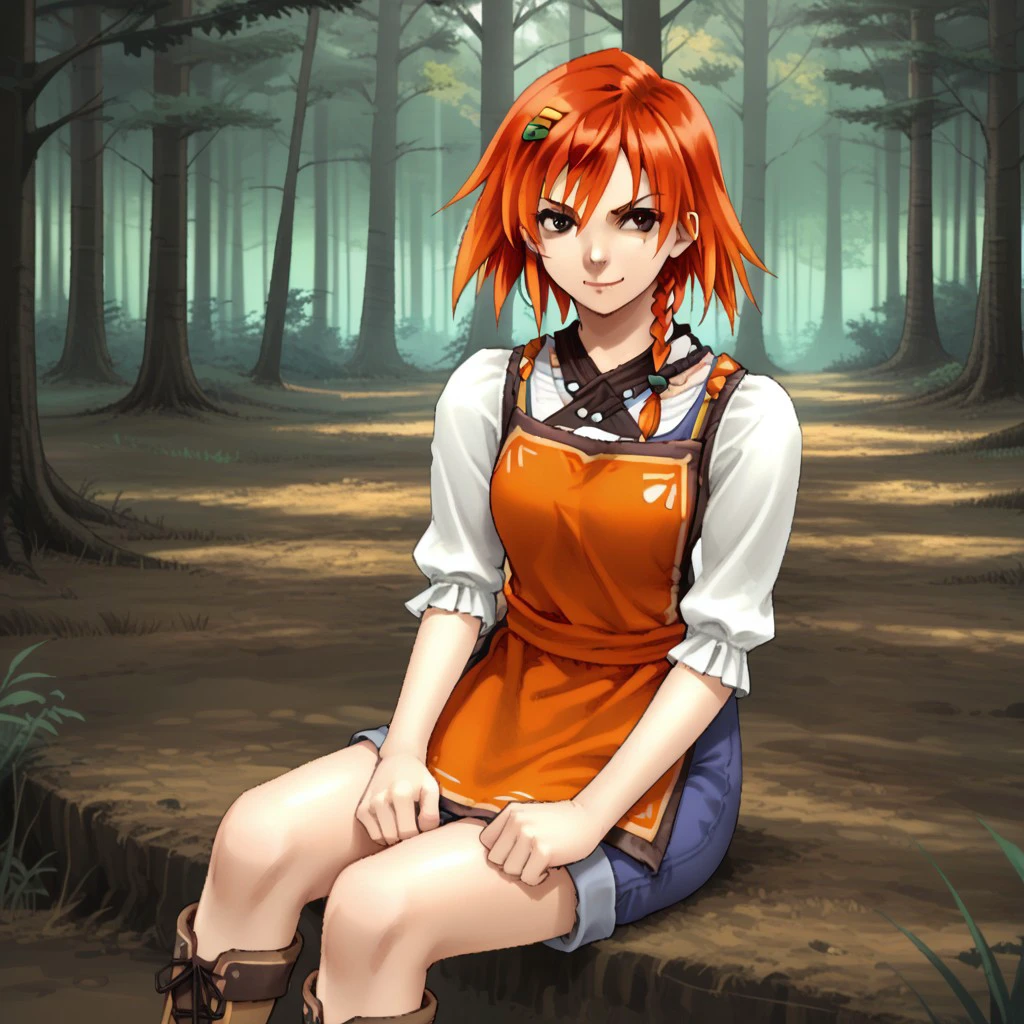 1girl,solo,brown eyes,orange hair,short hair,side braid,apron,shorts,shirt,boots,sitting,smirk,forest background