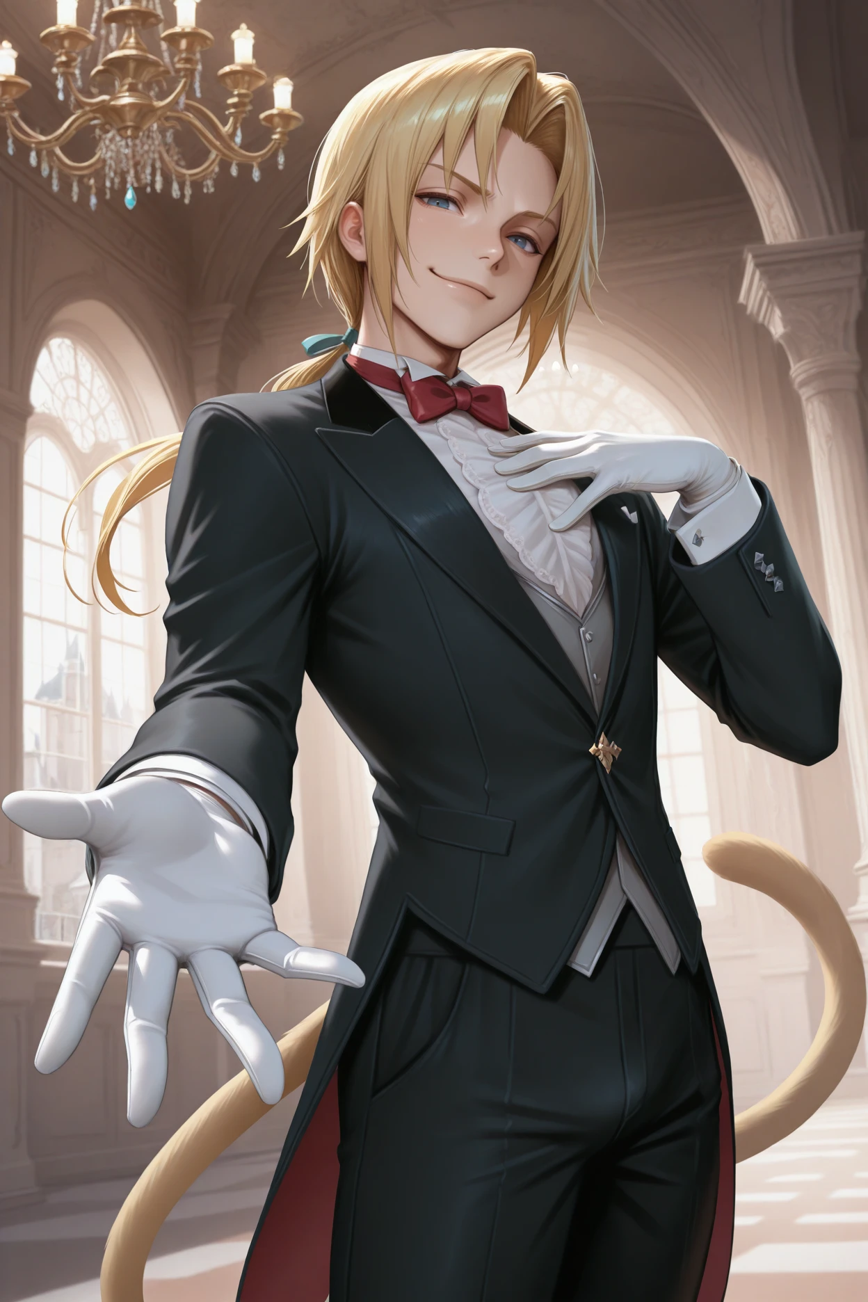 masterpiece, best quality, 1boy, solo, male focus, <lora:ffzidane-illu-nvwls-v1-000005:1> z1d4ne, blonde hair, parted bangs, low ponytail, blue eyes, tail, black suit jacket, black pants, tuxedo, formal, red bowtie, white gloves, outstretched hand, looking at viewer, smile, mansion, chandelier, hand on own chest, smug