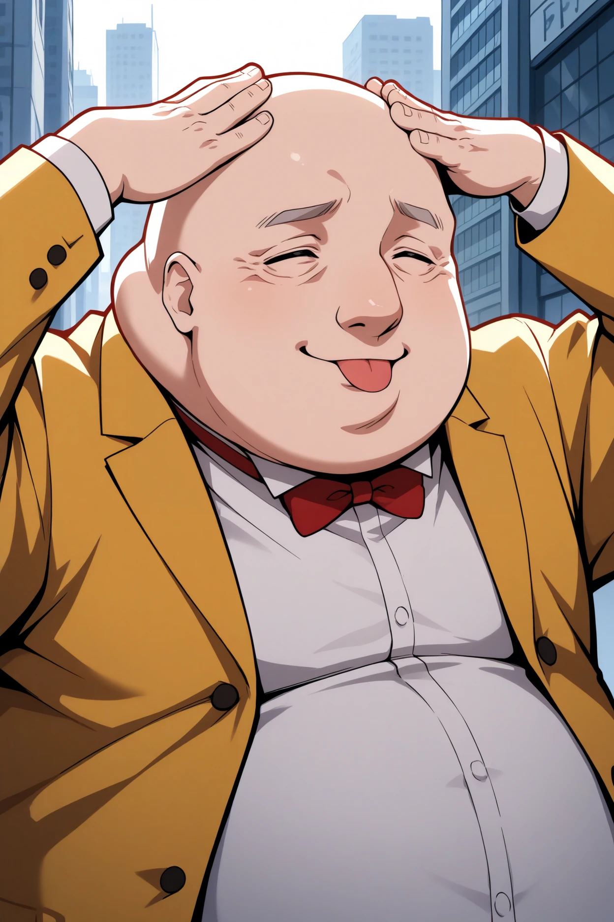 masterpiece, best quality, 1boy, solo, male focus,  1boy, solo, male focus, <lora:p5principal-illu-nvwls-v1-000006:1> p5principal, obese, fat man, bald, , , yellow jacket, formal, white shirt, red bow tie, upper body , fat face <lora:AhEtoBlehMeme_illusXLNoobAI_Incrs_v1:1> AhEtoBlehMeme, closed eyes, tongue out, :p, hands on own head, smile, city, street