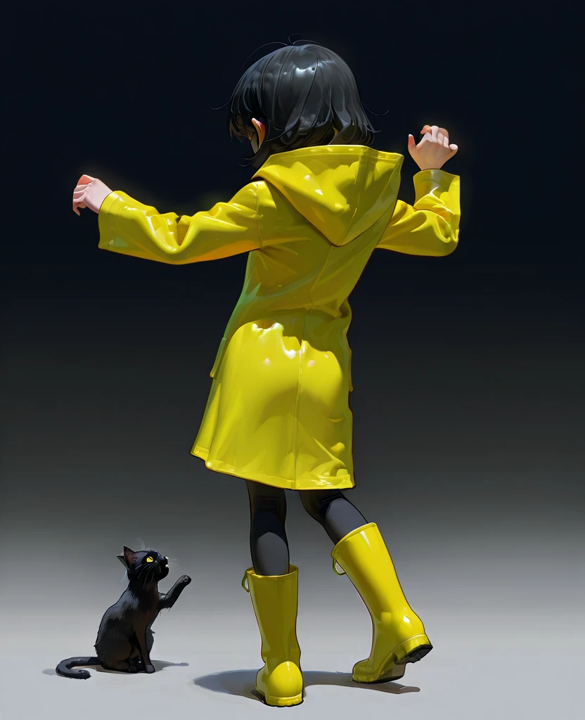 masterpiece, 1440p, 8k, UHD, amazing quality, high resolution, solo <lora:Six_Little_Nightmares_Illustrious:1> 1girl, black leggings, black hair, short hair, cat, full body, gradient background, horror \(theme\), raincoat, dancing, six, solo, standing, rubber boots, hood down