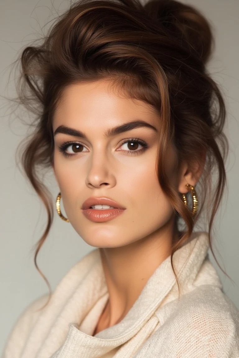 "A clean, minimalist portrait of cindycflx, a confident woman with striking eyes and a calm expression. She is wearing a light-colored sweater and gold hoop earrings that add a subtle touch of elegance. Her hair is volumnous and tousled. The soft, diffused lighting highlights her flawless skin and natural beauty, while the neutral background emphasizes her serene and sophisticated demeanor. She has a blac mole on top of her lips on the left side"