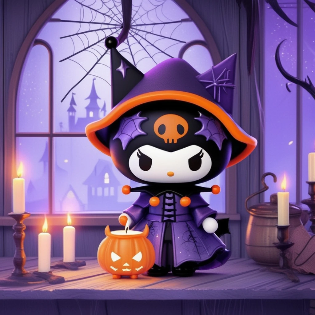 concept art Kuromi, gothic witch costume, tall pointed hat, spiderweb cape, cauldron in background, orange and purple, in a lovely shack with windows and candles   <lora:kuromi:1> kuromix  . digital artwork, illustrative, painterly, matte painting, highly detailed