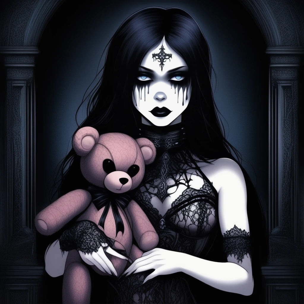 Gothic style  <lora:gothichic- sdxl1.0:1> gothichic, a beautiful gothic girl nude holding a big teddy covering her nude body . Dark, mysterious, haunting, dramatic, ornate, detailed