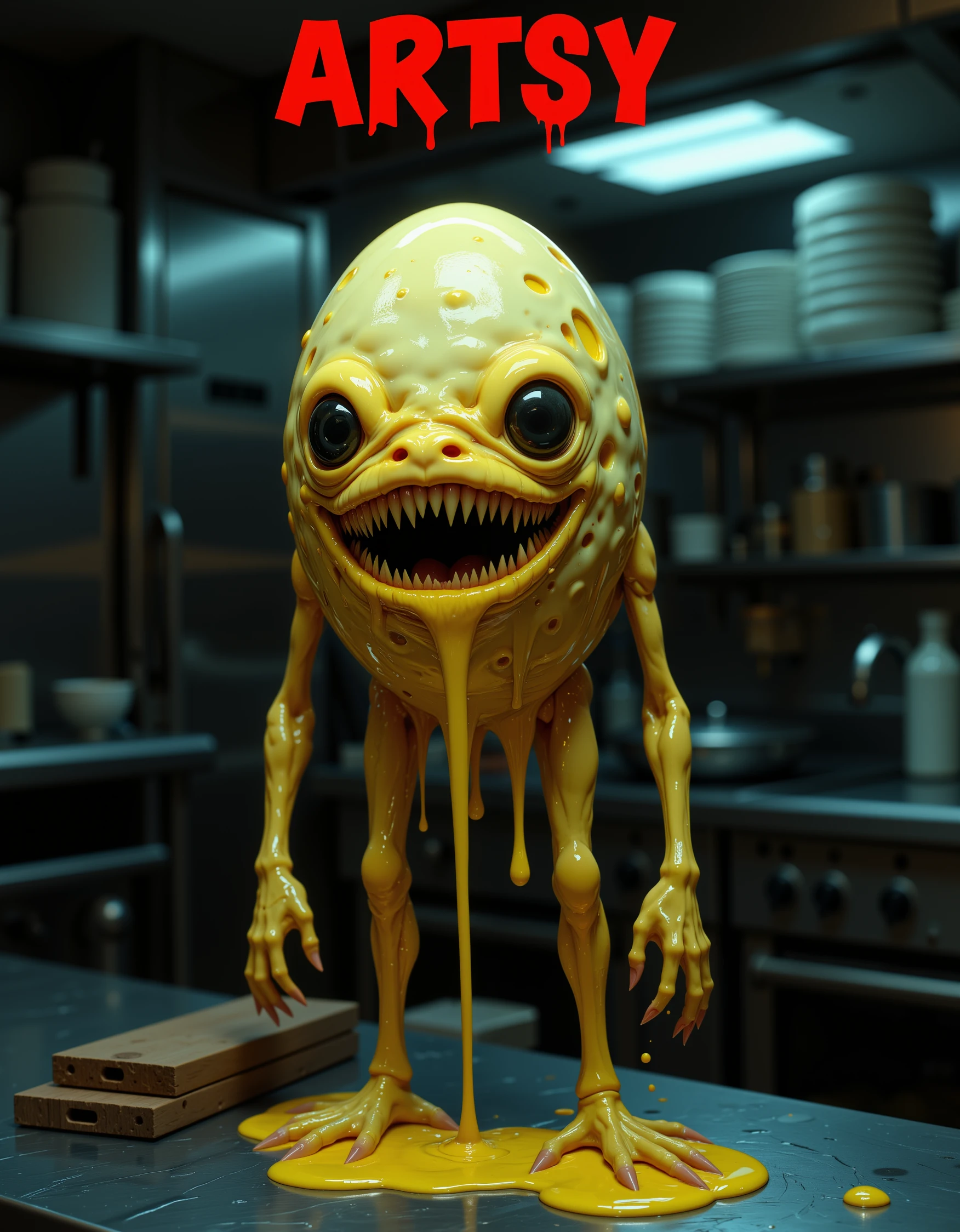 Carnivorous Egg creature. The text reads "ARTSY". Dimly lit horror aesthetic. Yellow Yolk dripping. soggy, wrinkly, mucusy. Long slender limbs. fleshy textures. The creature is standing in a stainless steel restaurant kitchen. Dimly lit. The short egg demon monster with thin legs stands on the counter.