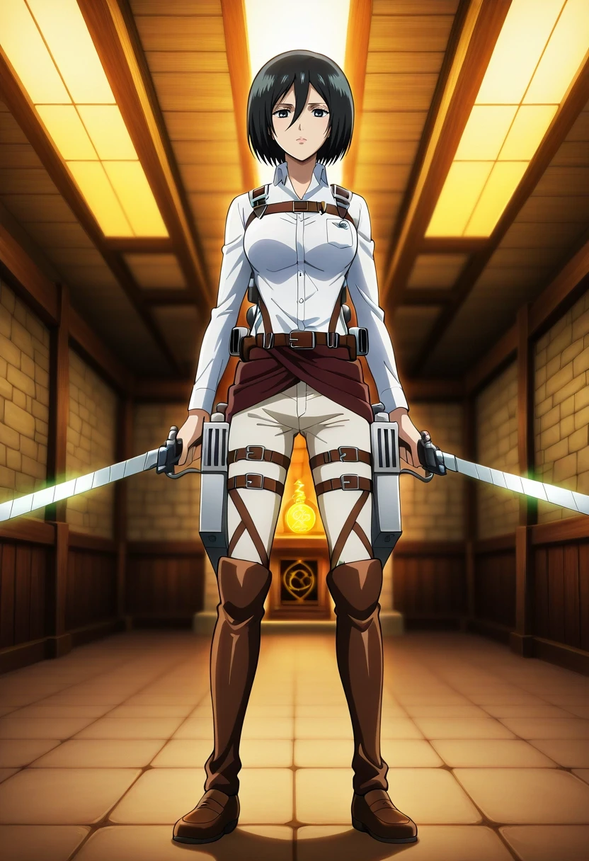 masterpiece, best quality, intricate details, anime screencap, anime coloring, official style, , depth of field, 1girl, solo, <lora:mikasa_ackerman_ilxl:0.94>, mikasa_ackerman, black hair, black eyes, hair between eyes, short hair, , three-dimensional maneuver gear, magic tower, spell chambers, potion labs, research rooms, experimenting pose, analytical expression, magical lighting, Blue Denim joggers, Fair Isle Lycra GoldenYellow Long-sleeve shirt, Boat shoes, ,