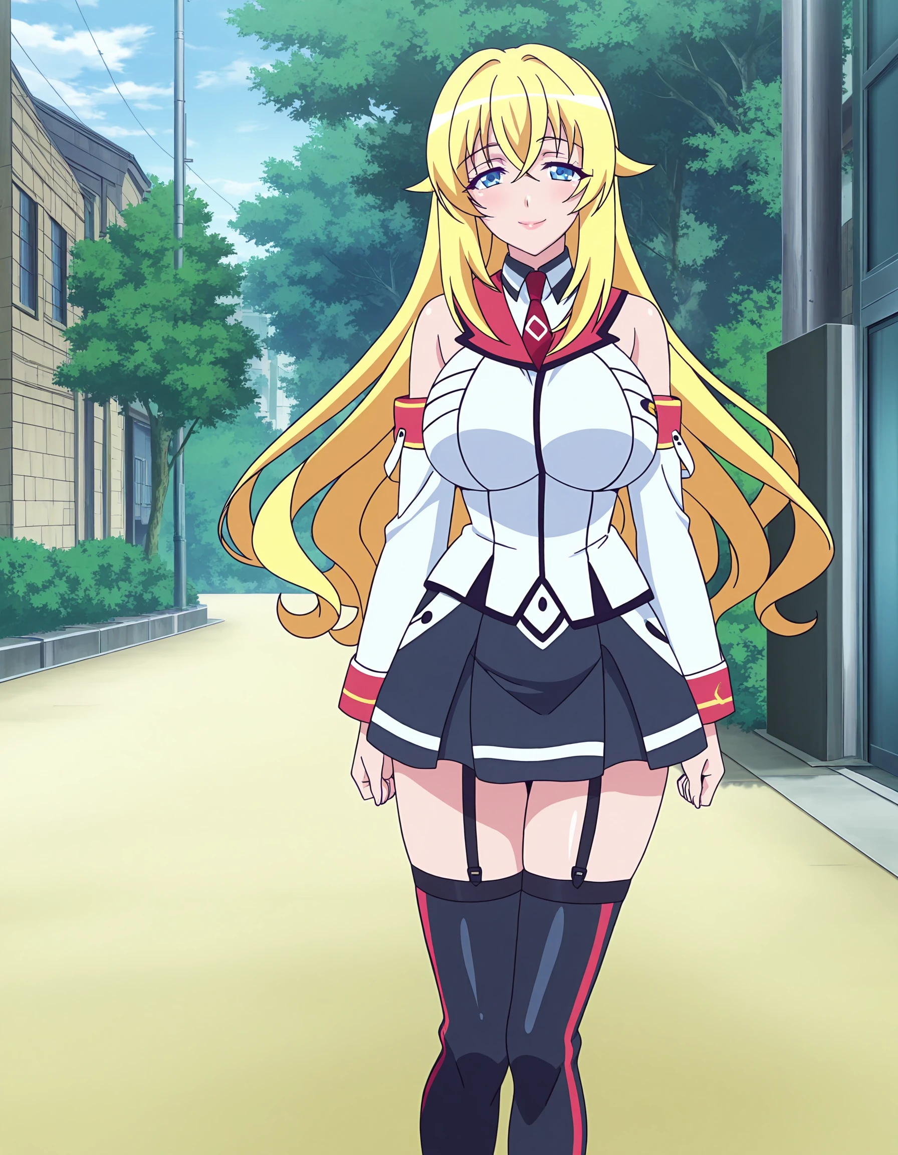 anime coloring, anime screencap, masterpiece, detailed face,
 <lora:All_five_main_heroines_from_Hybrid_x_Heart_Magias_Academy_Ataraxia:.7>,
outside,
Yurishia Farandole (character), Yurisia school uniform outfit, 1girl, solo, long hair, blonde hair, thighhighs, garter straps, skirt, detached sleeves, boots, thigh boots, breasts, blue eyes, very large breasts, facing the viewer, sexy smile, lips