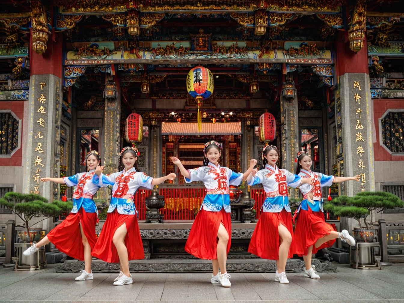 best quality, masterpiece, 
7girls dancing in front of taiwanese_temple, <lora:dpys-taiwanese_temple_xl:1>, 
<(realistic:1.3), intricate details>, (((building))), photorealistic, ornate Taiwanese temple paifang,