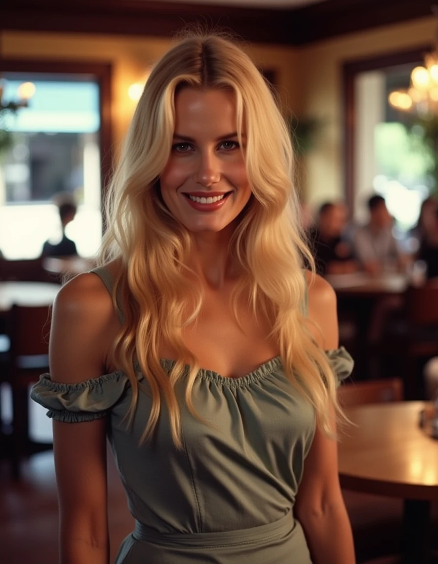 <lora:Darryl_Hannah_Flux:1.2> This is a beautiful photograph of a woman, blonde hair cascading over her shoulders. She is wearing a boatneck dress, Standing in a cafe. Looking at the viewer. Smile.