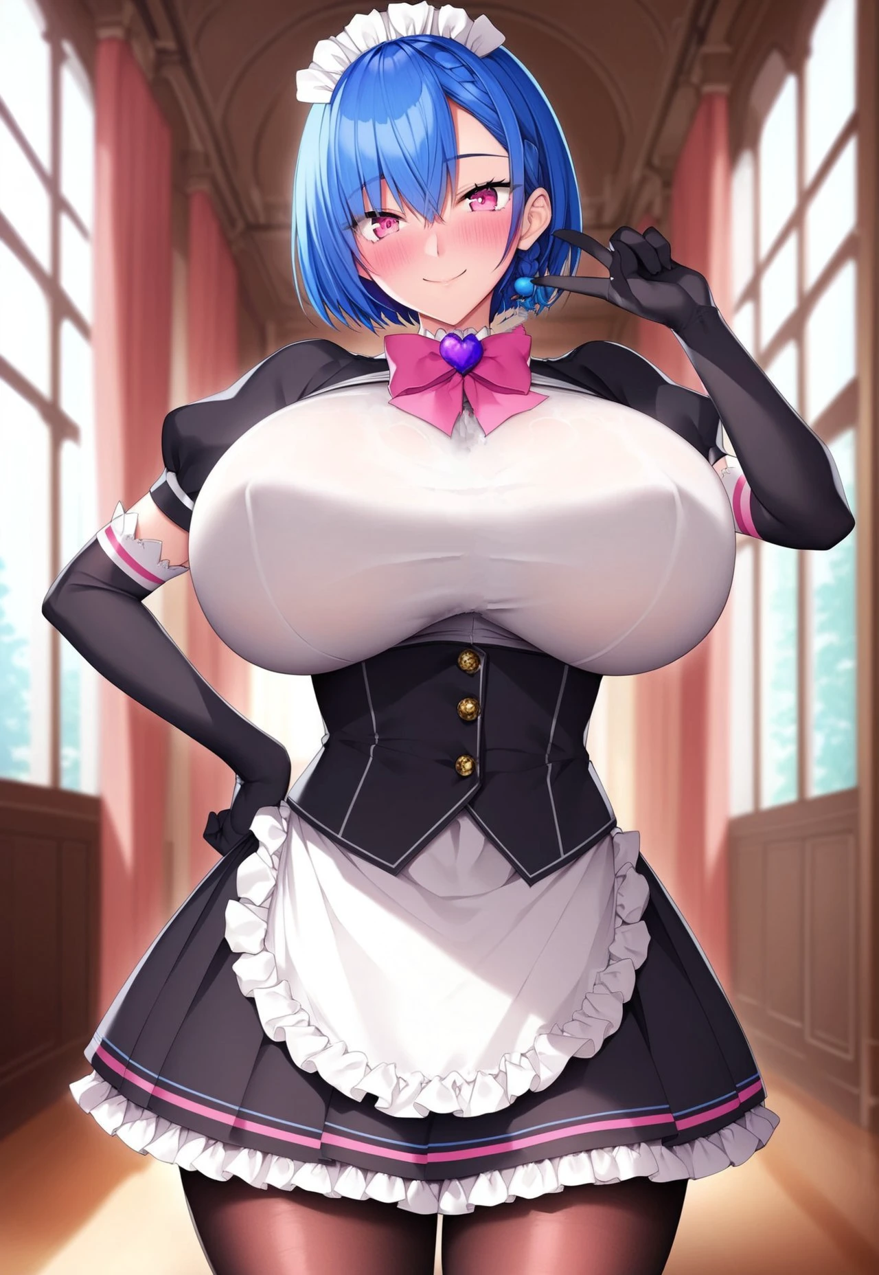 Score_9, score_8_up, 4k, 8k, detailed face, source_anime, artstation, grandeur, intricate-details, depth-of-view, flatshading, BREAK
1girl, blue hair, short hair,pink eyes, maid, huge breasts, smooth skin, rating_questionable, (adult1:3) 