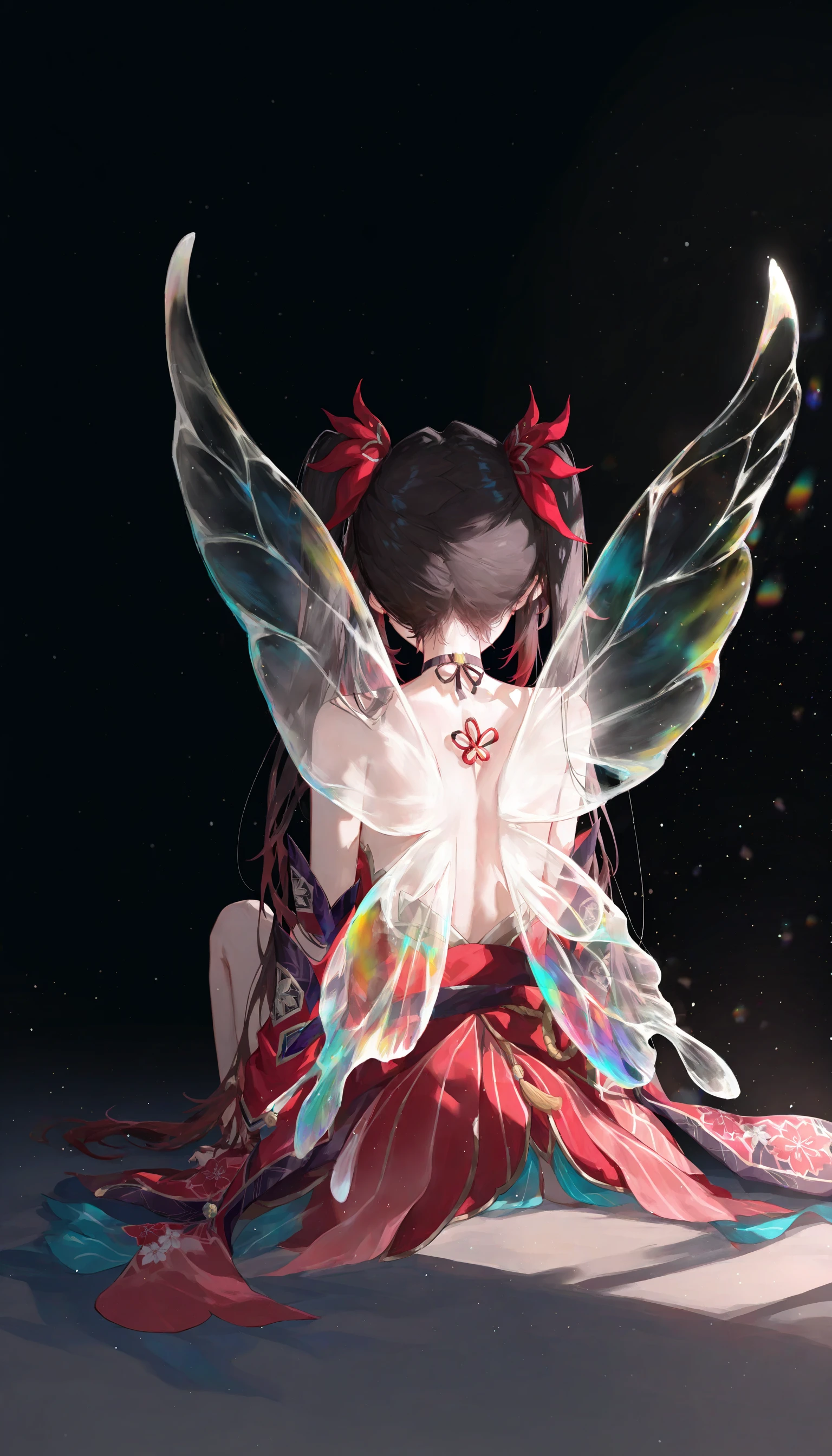 masterpiece, best quality, good quality, very aesthetic, absurdres, newest, sparkle \(honkai: star rail\), solo, sitting, nude, wings,sakura, spark,long_hair,twintails, from_behind, completely_nude, shadow, glowing, black_background, (light_particles:1.5), facing_away, fairy_wings, fairy, dark, insect_wings, butterfly_wings, (transparent_wings:1.2), Rainbow_wings, 