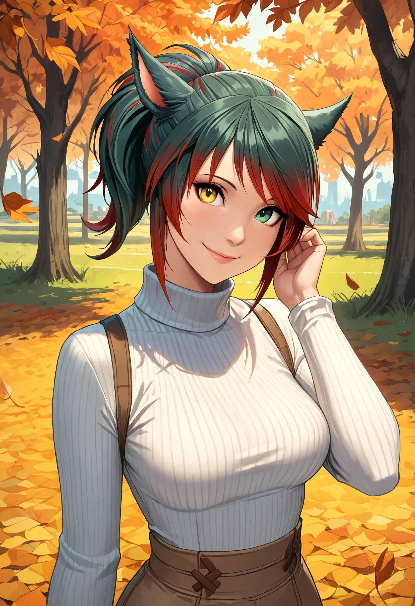 masterpiece, best quality, absurdres, highres,1girl, solo, miqo'te,medium breasts, (green hair:1.1), (red hair:0.9), ponytail, short hair, heterochromia, yellow eyes, green eyes,white turtleneck sweater, upper body, autumn, smile,hand up, adjusting hair,park, grass, leaf, detailed skin, mature female, looking at viewer
<lora:miqote siri (Illustrious) v1:1.0> <lora:RealisticAnimeIXL_v2:0.6>