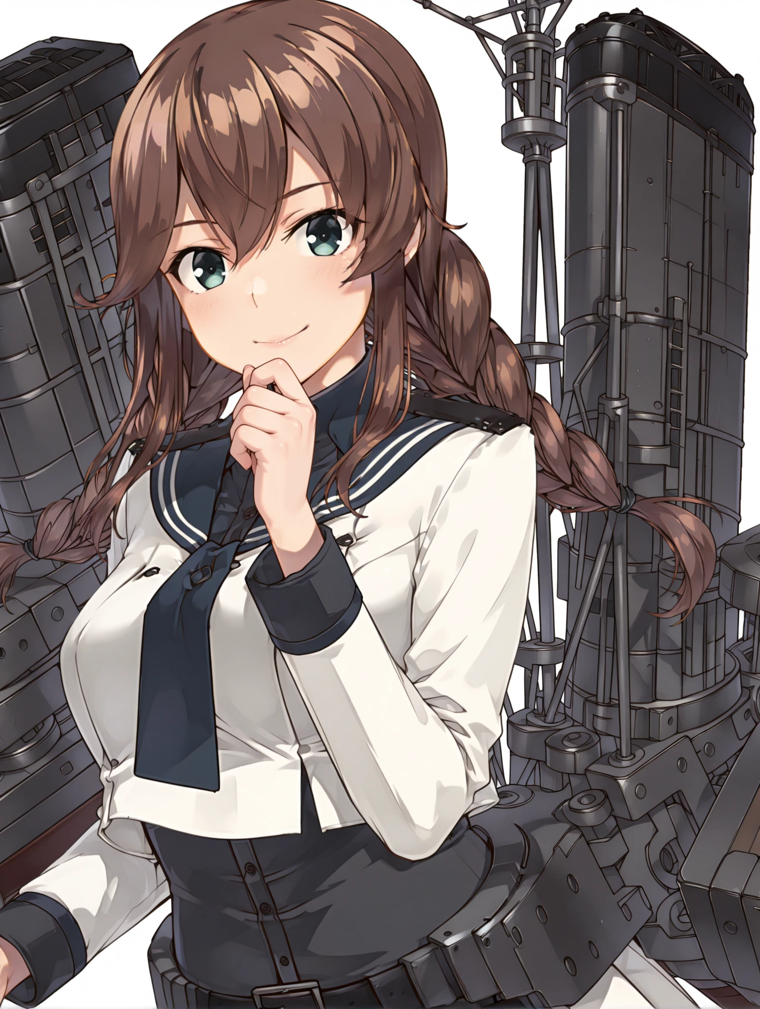 masterpiece,best quality,amazing quality,
solo,1girl,
<lora:noshiro_k2_ilxl_v1:1>,noshiro,twin braids,n_clothes,n_ro,machinery,rigging,turret,cannon,flight deck,torpedo tubes,
<lora:Fixhands_anime_bdsqlsz_V1:1>,looking_at_viewer,upper_body,face_focus,dynamic_angle,cinematic_angle,smile,light_blush,white_background,simple_background,hand to own mouth,