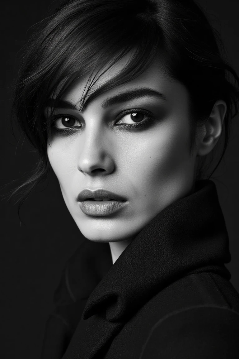 black and white portrait inspired by Peter Lindbergh's photographic style of bereflx, a woman looking directly into the camera with an intimate and deep expression.