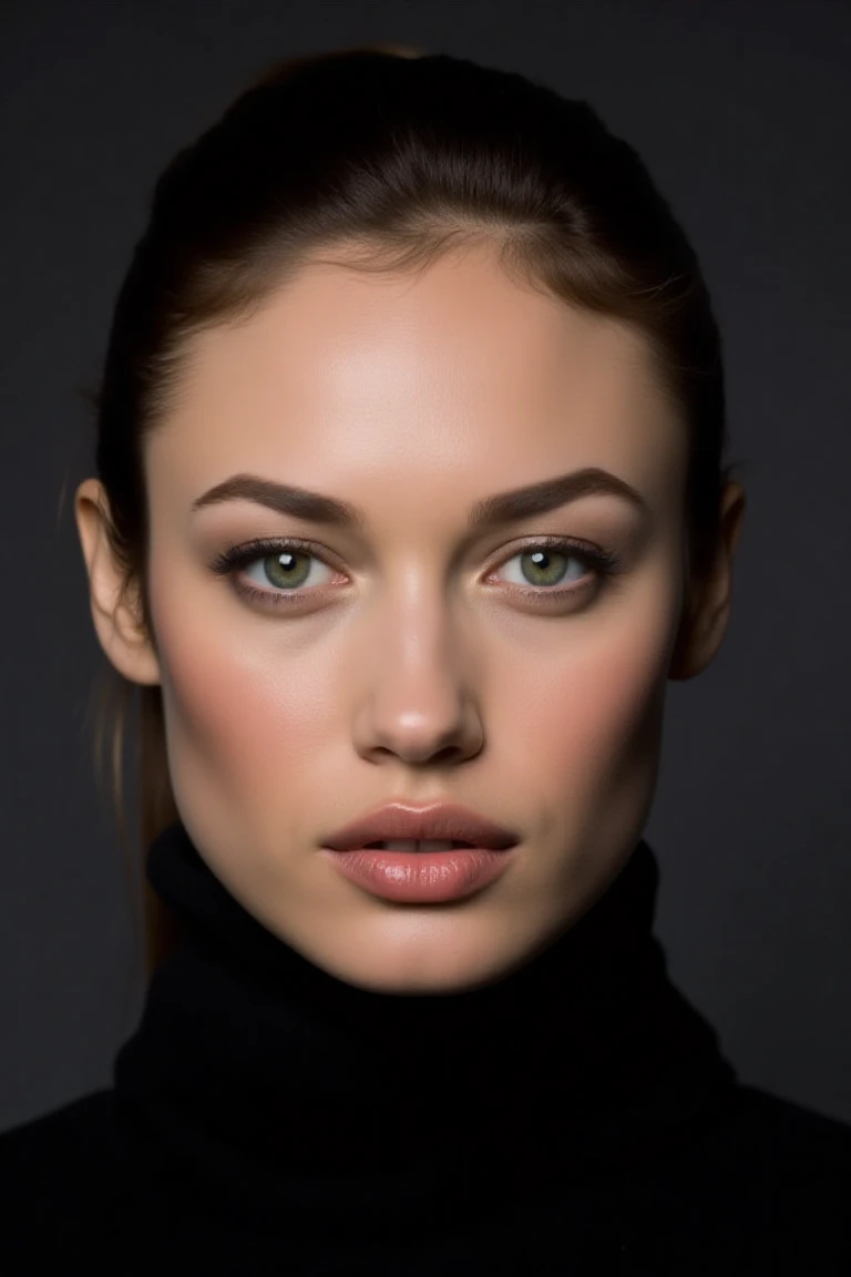 Create a close-up, high-fashion portrait of a woman with striking eyes and a calm, confident expression. Her hair is styled back in a sleek manner, revealing her facial features with clarity. She wears a sophisticated black high-collar outfit that exudes elegance and minimalism. The background is a smooth gradient of dark gray, enhancing the overall refined and contemporary aesthetic. The lighting is soft yet directional, highlighting her flawless complexion and subtle makeup, with a focus on her eyes and cheekbones. The mood of the portrait is polished, modern, and artistic.