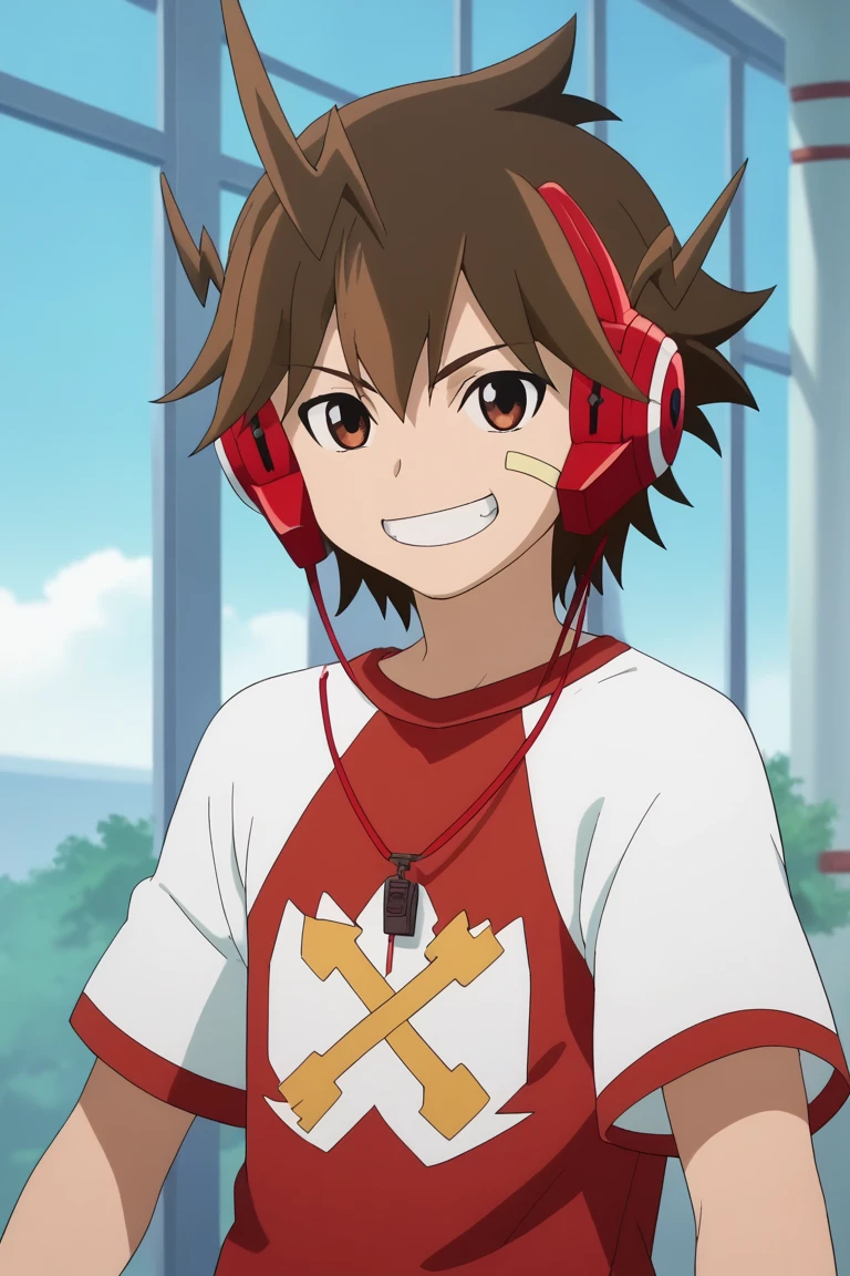 score_9, score_8_up, score_7_up, score_6_up, score_5_up,score_4_up, 
masterpiece, best quality, amazing quality, very aesthetic, absurdres, newest, official art, high resolution
kakeru todoroki, brown hair, brown eyes, headphones, bandaid on face, red shirt, 1boy, male focus, solo, smile, t-shirt, shirt, grin, gloves, upper body, looking at viewer