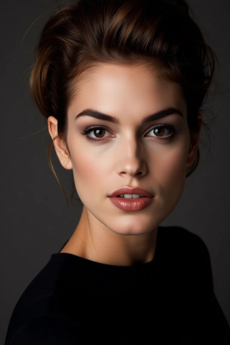 Create a close-up, high-fashion portrait of a woman with striking eyes and confident smile. Her volumnous hair is styled in a sleek manner, revealing her facial features with clarity. She wears a sophisticated black outfit that exudes elegance and minimalism. The background is a smooth gradient of dark gray, enhancing the overall refined and contemporary aesthetic. The lighting is soft yet directional, highlighting her flawless complexion and subtle makeup, with a focus on her eyes and cheekbones. The mood of the portrait is polished, modern, and artistic.