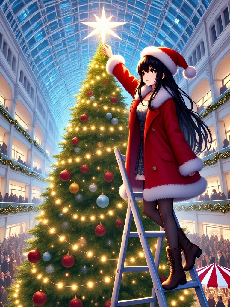 masterpiece, best quality, christmas tree with festive lights, 1girl on stepladder, hand on the star of tree top, black hair, absurdly long hair, medium height, slim, cleavage, santa hat, fur trim, red coat, fur-trimmed coat, stockings, boots, crowd, indoors, shopping mall, ceiling, day, <lora:girllikechristmastree_flux:1>