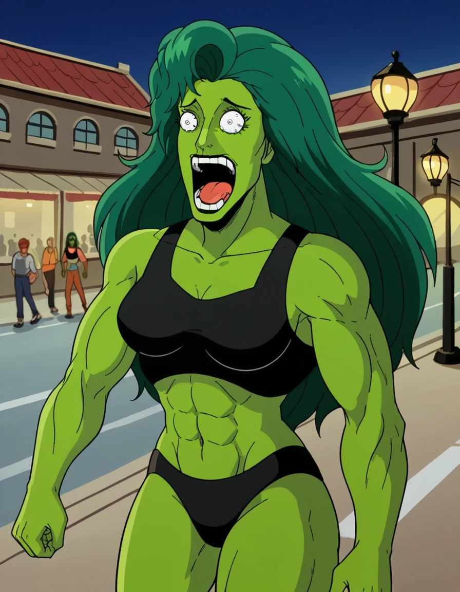 score_9, score_8_up, score_7_up, source_anime, <lora:jennifer-walters-cartoon1996-ponyxl-lora-nochekaiser:1>, jennifer walters, long hair, green hair, colored skin, retro artstyle, green skin, muscular, mature female,, crop top, black crop top, midriff, navel, collarbone, bare shoulders, black panties,, city street, evening, streetlights, walking dog, quiet neighborhood, gentle breeze, , <lora:enel-face-ponyxl-lora-nochekaiser:1> enel face, open mouth, wide-eyed, teeth, tongue,, looking at viewer, solo,, dutch angle, cowboy shot