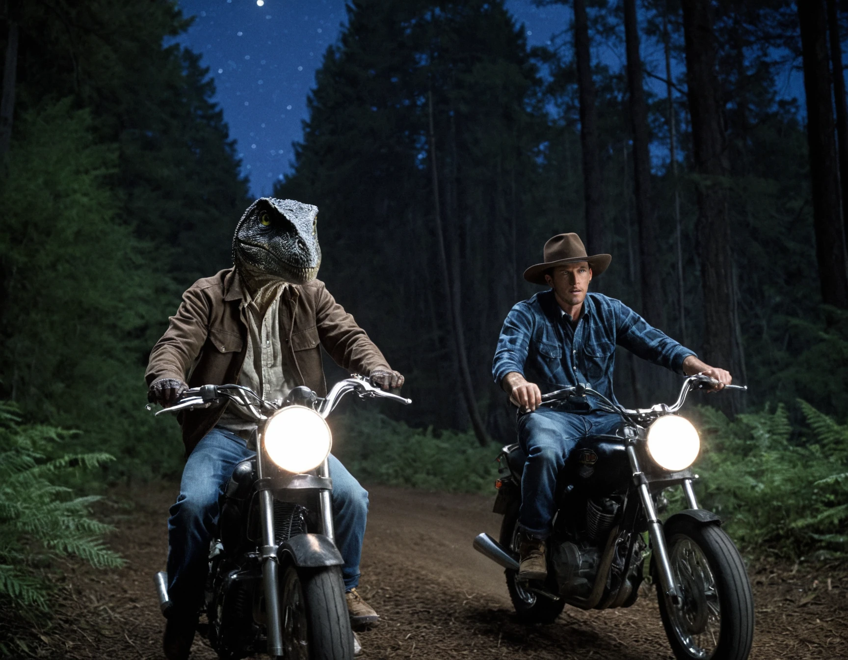 cinematic medium shot of two raptor dinosaurs riding motorcycles in a forest at night, a man is running along with them, wearing a fedora hat, flanel shirt and jeans, taken from a low angle, photorealistic, sharp focus, very detailed skin texture <lora:Dinosaur_Practical_Effects-000004:1>