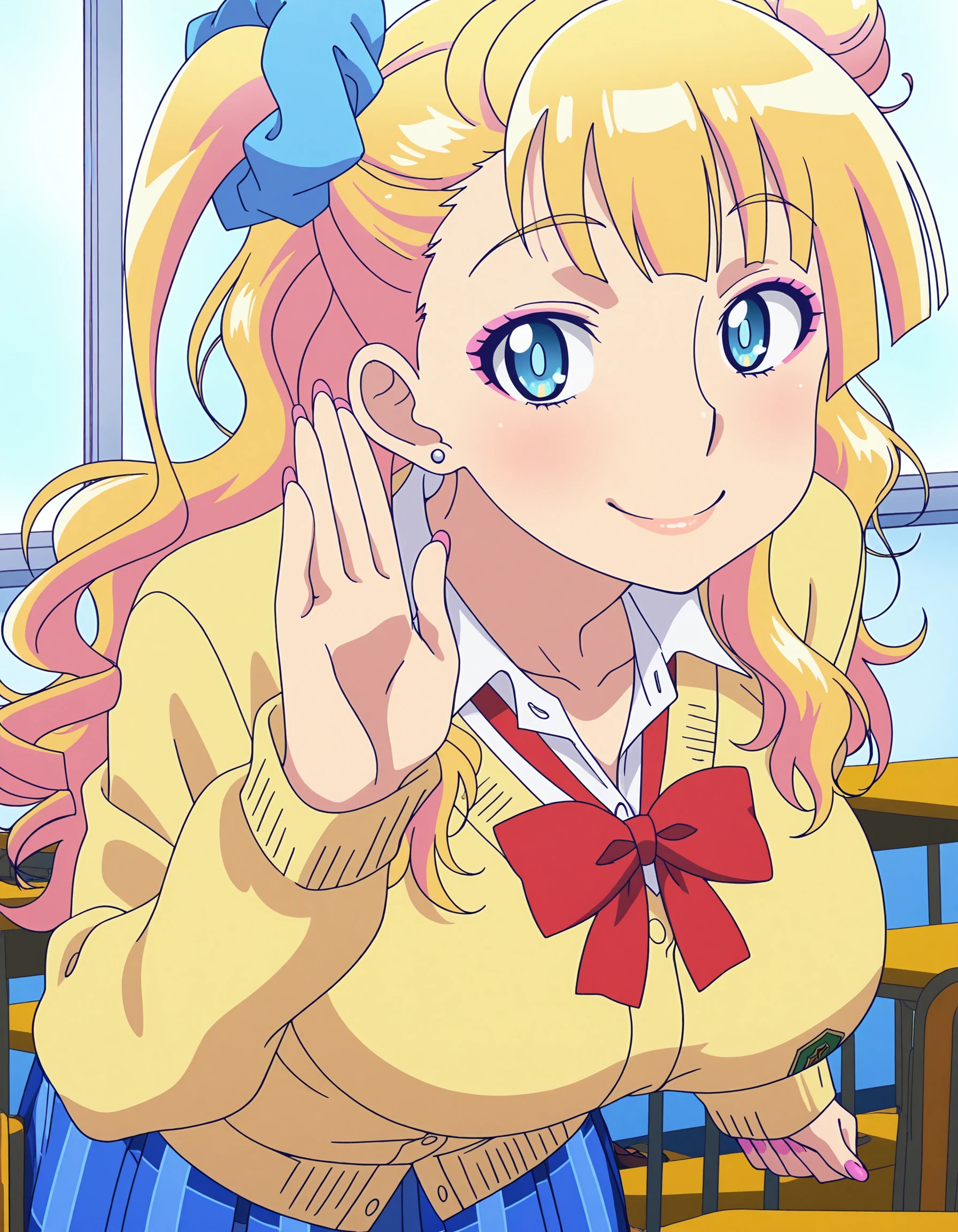 anime coloring, anime screencap, masterpiece, detailed face,
absurd res, ultra detailed), perfect eyes, perfect fingers, perfect fingernails, perfect hands, five fingers on each hand, detailed eyes
in a school classroom,
 <lora:Galko_Please_Tell_Me_Galko-chan_-_Illustrious:.8>, 1girl, cute girl, solo, Blonde hair, long hair, blue eyes, large breasts, jewelry, earrings, pink nail polish, lips, big smile, looking at the viewer, Galko school uniform, asymemetrical hair, single side bun, scrunchie, school uniform, cardigan, plaid skirt, pleated skirt, red bow, school dress shoes, happy girl, waving to the viewer, mouth open, excited girl