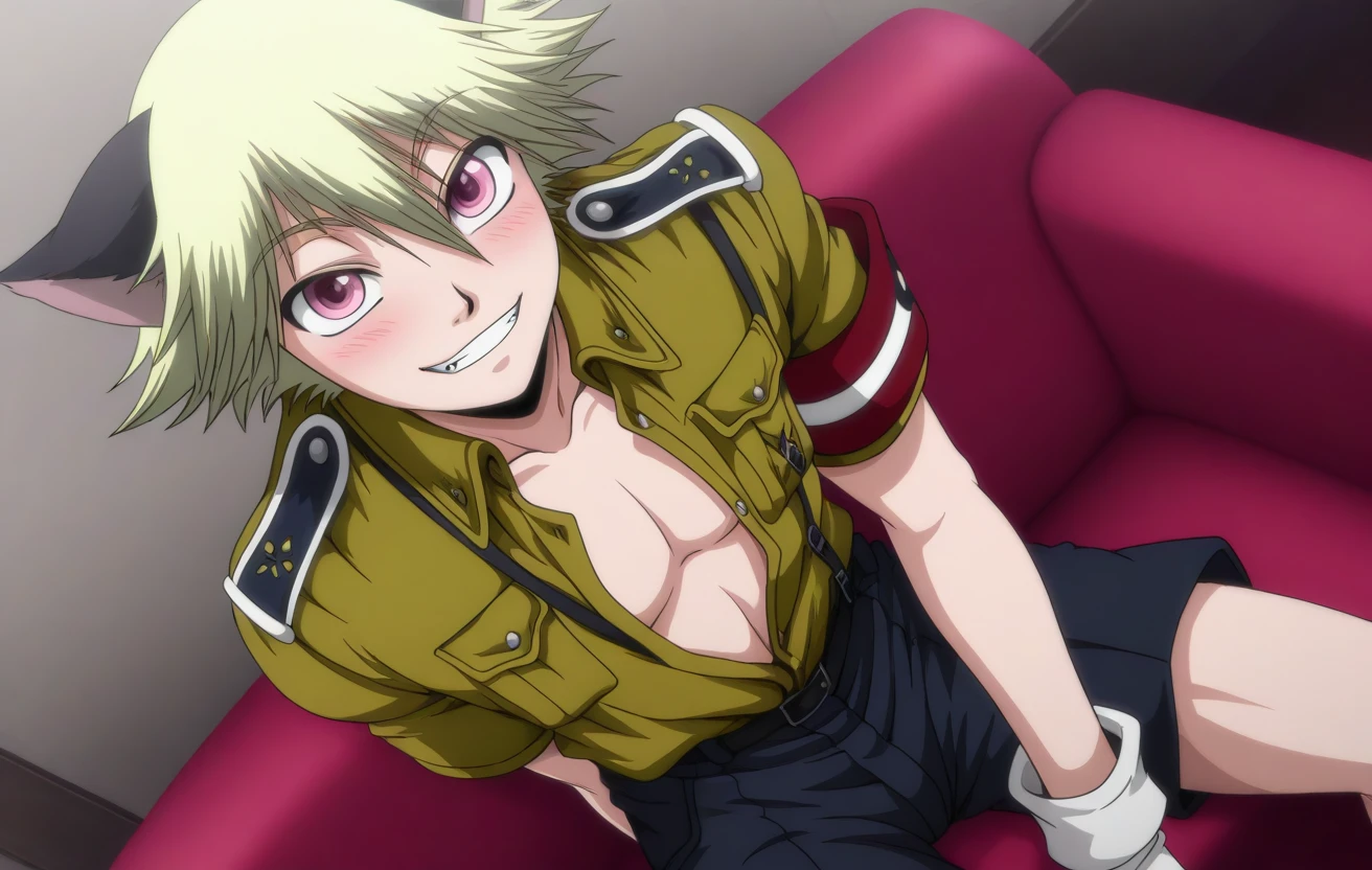 1boy, schro, short hair, pink eyes, blonde hair, cat ears, grin, sitting
military uniform, open shirt, blush, fang
<lora:schro-000005:1>