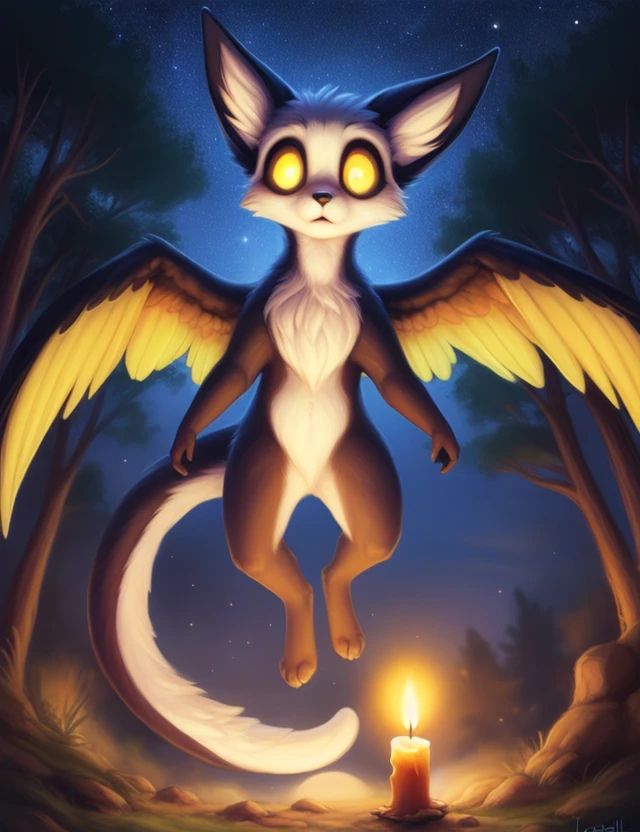 <lora:MokiVar1:1> MokiVar1, ((Large yellow eyes, white sclera, yellow pupil,)), white tip of tail, chibi, small body,
Looks at the viewer, [ solo,Night, candles, starry sky, trees, forest, ,](worm's-eye view, looking down,)
beautiful, aesthetic, perfect, delicate, intricate, saturated colors, masterpiece, digital drawing, best quality,
by Lostgoose, by Silverfox5213, by Joaqun Sorolla