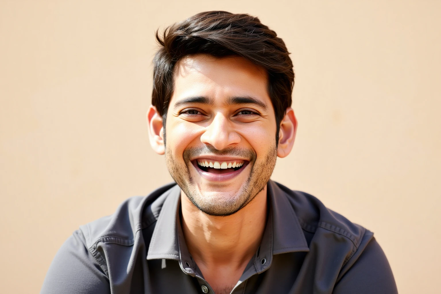 Close-up portrait of ssmaheshbabuukohwx with dark, neatly styled hair.  His expression is joyful and enthusiastic, with a wide, genuine smile that shows his teeth. His eyes are expressive, and he looks directly at the camera. He appears confident and approachable.  He is wearing a dark, charcoal-grey button-down collared shirt, appearing well-maintained. The texture of the fabric is smooth and somewhat crisp.  The lighting is bright but natural, casting soft shadows that highlight his facial features, creating a warm and inviting atmosphere.  The background is a plain light beige or cream-colored wall, which serves to focus attention on the subject. The composition is a direct, close-up shot, framed tightly on the subject. The perspective is a slightly high-angle view, creating a friendly, intimate interaction with the viewer.  The overall mood is positive, cheerful and energetic.