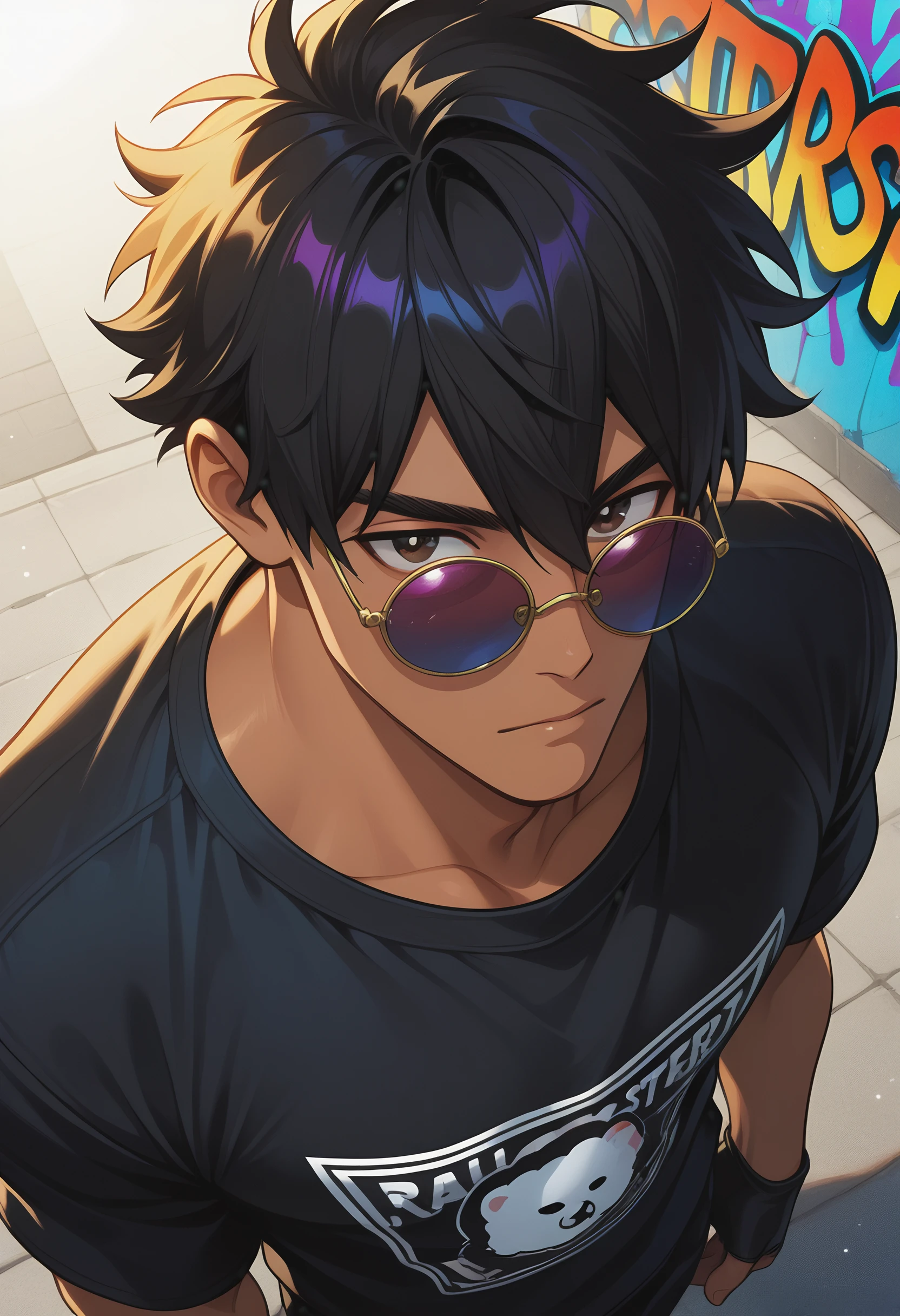 <lora:V2 CartoonyMen:1.4>, masterpiece, best quality, newest, 1boy, solo, male focus, masculine, (Cartoony), thick outlines, from above, looking up, black hair, hair between eyes, bangs, hazel eyes, dark-skinned male, streetwear, sunglasses, circle-frame eyewear, city street, rainbow graffiti, rainbow theme, handsome, anime, BREAK
simple background, back lighting, light particles, dramatic lighting