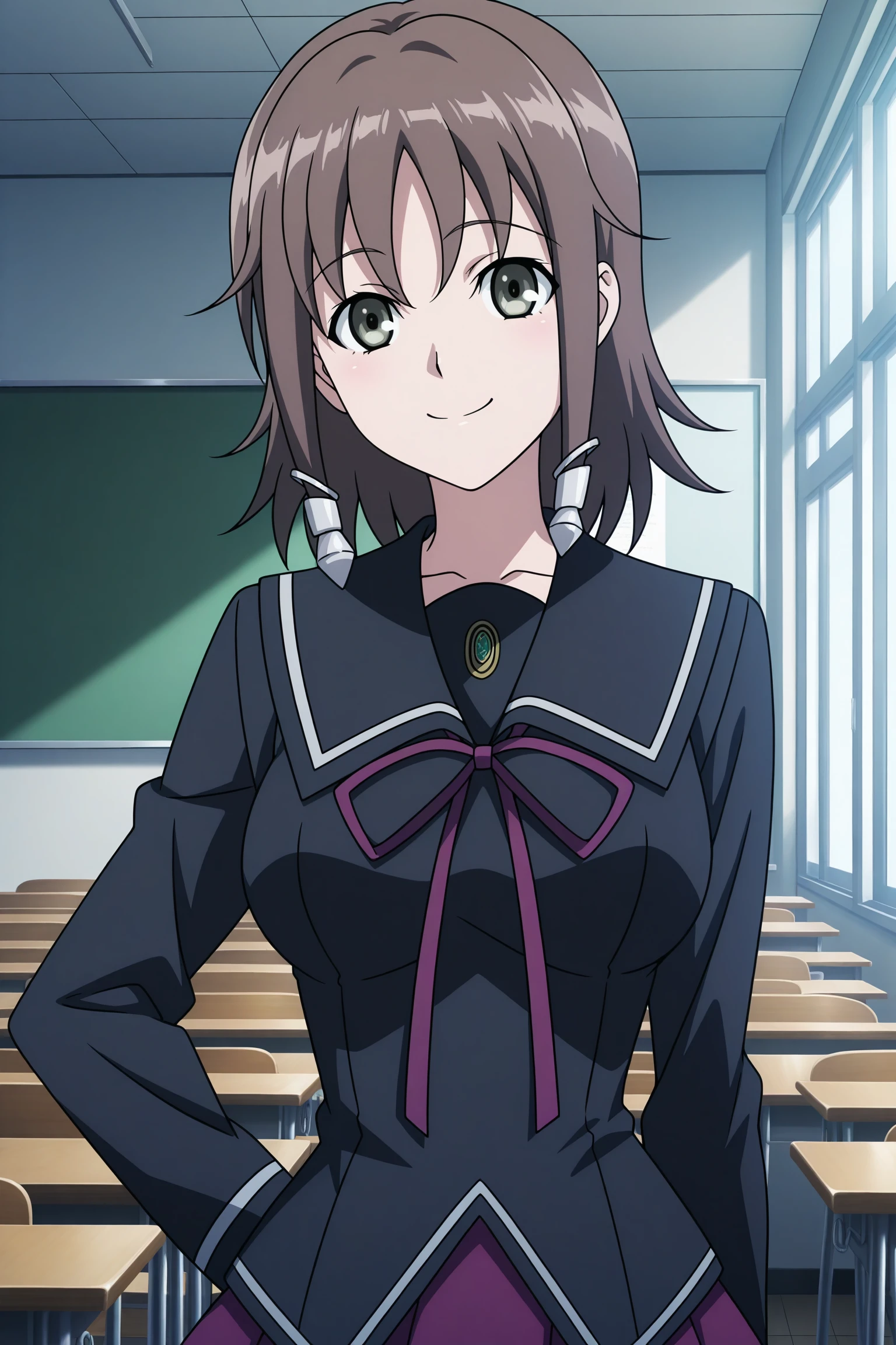 masterpiece, best quality, amazing quality, highres, absurdres, very aesthetic, high resolution, ultra detailed, perfect details, 1girl, solo, looking at viewer, indoors, classroom, yukizome kukuri, short hair, brown hair, wispy bangs, sidelocks, hair ornament, long sleeves, black shirt, untucked shirt, black sailor collar, purple neck ribbon, purple skirt, pleated skirt, layered skirt, frilled skirt, back bow, brown thighhighs, loafers, <lora:Kukuri_Yukizome_ILXL:0.8>, (aged up:1.5), (upper body:1.5), (anime coloring:1.2), (anime screencap:1.2), smile, sunlight, (pose:1.3)