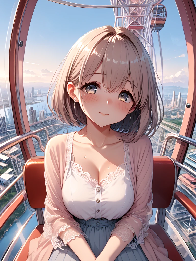 score_9, source_anime, ferris wheel interior, glass cabin interior, reflection, milf, 1girl, shy, sweat, horizon, skyline, scenery, cityscape, amusement park, <lora:girllikeferriswheel_pony:1>