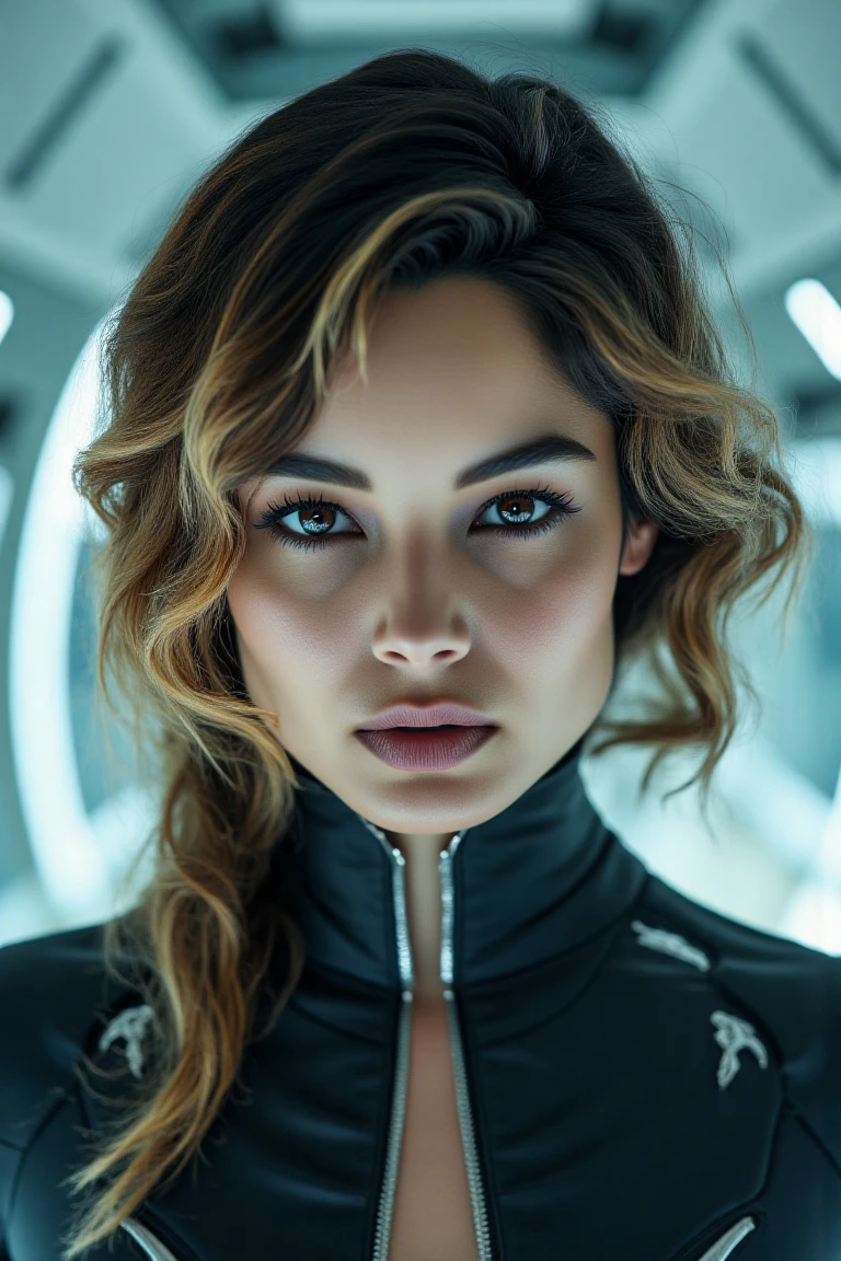 A cyborg woman with tousled hair, in the center of a futuristic background, bathed in soft, even light. Her proportional and detailed face, with piercing eyes, gazes directly at the viewer, exuding an air of mastery. The medium body portrait showcases her toned physique, while the day time lighting accentuates her striking features. The overall effect is a true masterpiece, boasting best quality visuals that draw the viewer in.