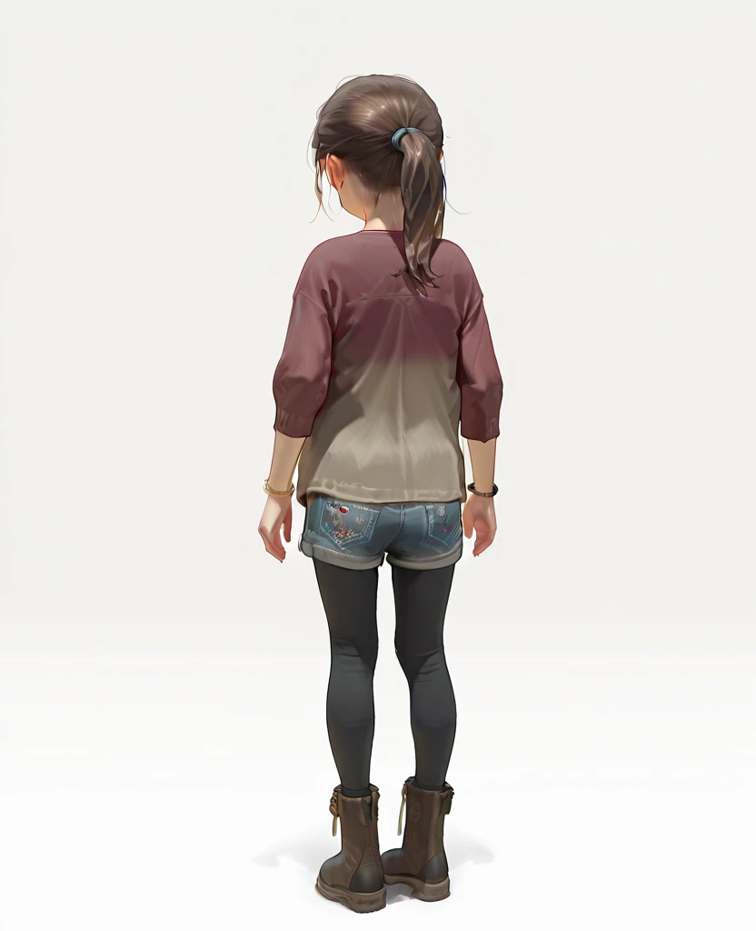 masterpiece, 1440p, 8k, UHD, amazing quality, high resolution, solo, <lora:Alice_Williams_Illustrious:1> AliceWilliams, 1girl, solo, shorts, pantyhose, brown hair, boots, legwear under shorts, denim, jewelry, fashion, standing, denim shorts, full body, ponytail, bracelet, simple background, from back