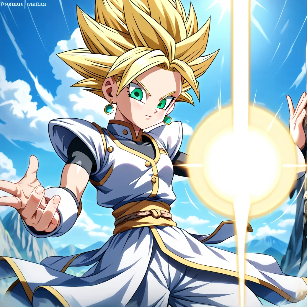 <lora:Viola_Dragon_Ball_Heroes:.5> viola, short hair, earrings, spiky hair, super saiyan, blonde hair, green eyes, solo, mountains setting, parallel hairstyle <lora:energy_beam:1> energy ball, energy beam from outstretched arm , magic, motion lines, speed lines, energy beam, score_9, score_8_up, score_7_up, score_6_up, score_5_up,, detailed eyes, detailed face, detailed hands, <lora:detailed_notrigger:1>, (masterpiece), (best quality), (ultra-detailed), (best illustration), detailed face, skin pores, detailed skin, detailed eyes, high quality eyes, good quality hands, high resolution, great anatomy, high quality, highres,