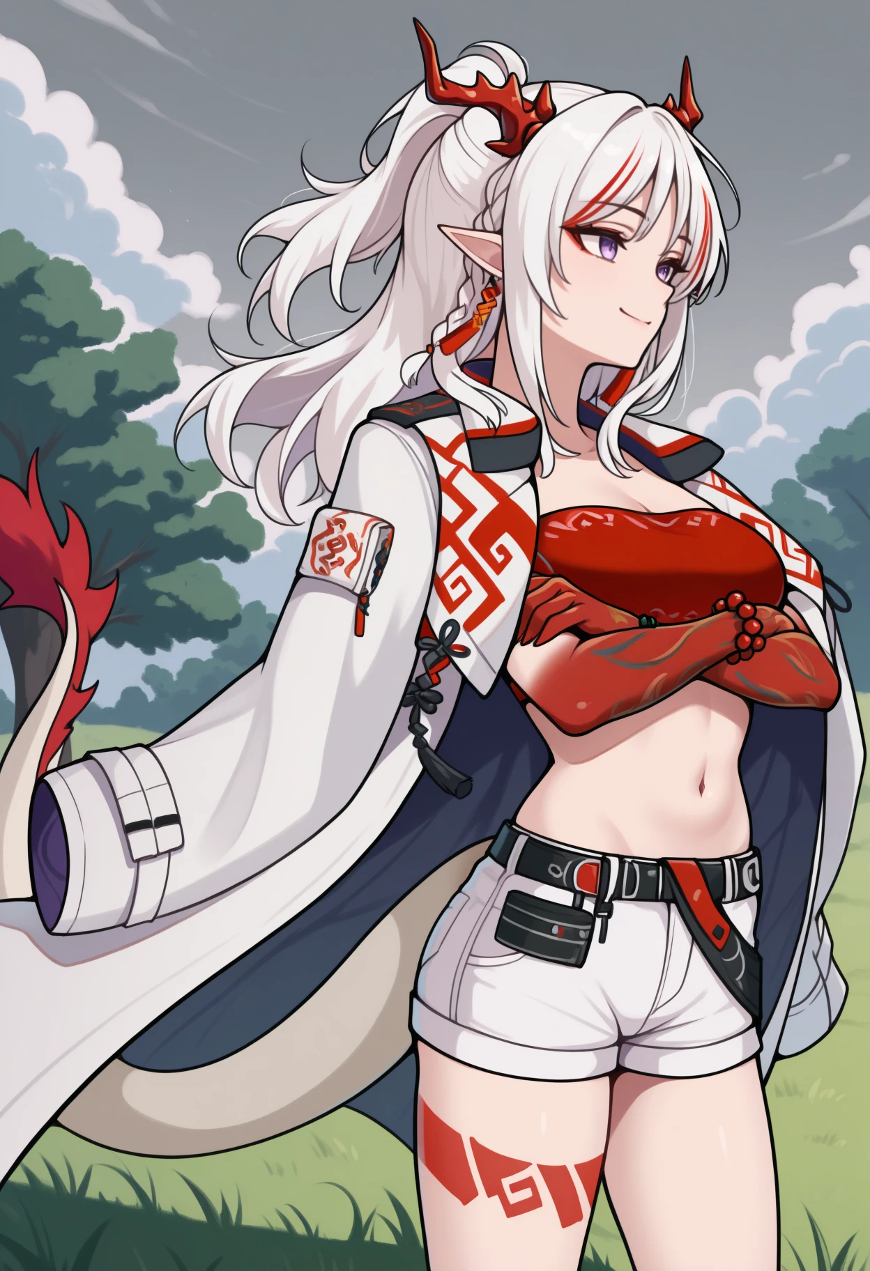 masterpiece, best quality, solo, 1girl, n1andef, gradient skin, red skin, dragon tail, leg tattoo, smile, looking away, standing, crossed arms, long hair, streaked hair, white hair, red hair, ponytail, half updo, braid, red horns, dragon horns, pointy ears, purple eyes, white coat, coat on shoulders, red bandeau, white shorts, short shorts, black belt, tassel earrings, bead bracelet, stomach, navel, outdoors, grey sky, cloudy sky, grass, tree, wind lift
<segment:yolo-Anzhc Face seg 640 v2 y8n.pt,0.4,0.5//cid=1>