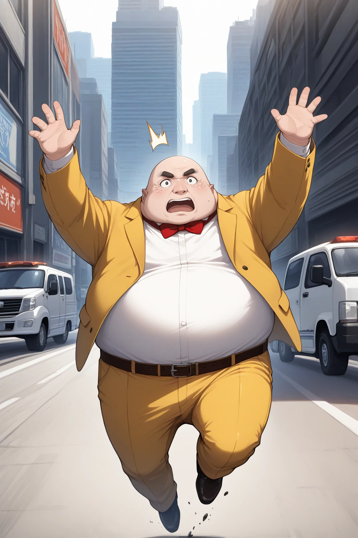 masterpiece, best quality, 1boy, solo, male focus, <lora:p5principal-illu-nvwls-v1-000006:1> p5principal, obese, fat man, bald, black eyes, thick eyebrows, yellow jacket, formal, white shirt, red bow tie, yellow pants, belt, shocked, open mouth, hit by truck, truck, city street, car accident, incoming truck, jumping, isekai truck