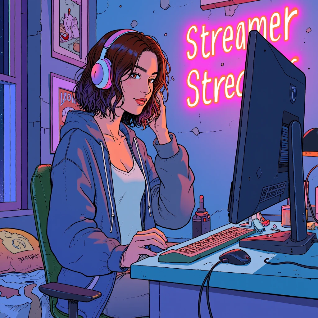 illustration in mb artstyle, a young streamer woman with medium-length brown hair and headphones dressed in in an opened sweatjacket with a tshirt underneath sitting in a chair in front of a webcam and computer at a desk in a bed room with neon lights in the background that read "Streamer"