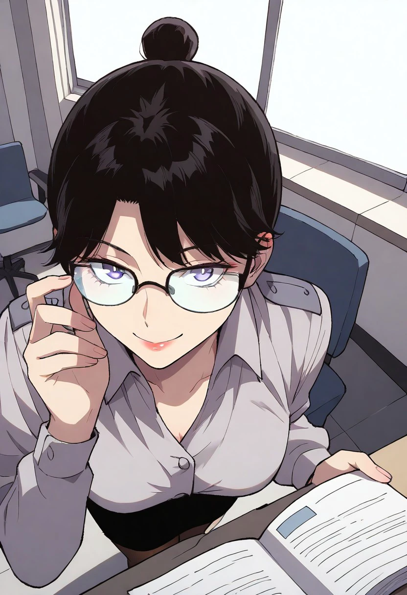 sh3nj14nm1shu,black hair,single hairbun,tied hair,purple eyes,long sleeves shirt,pencil skirt,pantyhose,heels,glasses
BREAK
close-up,perspective,face focus,looking at viewer,from above,upper body
BREAK
mature,seductive smile
BREAK
adjusting glasses,standing ,holding book,
BREAK
window,office,desk,chair
BREAK
masterpiece,amazing quality,absurdres,newest,very aesthetic,detailed pupils
