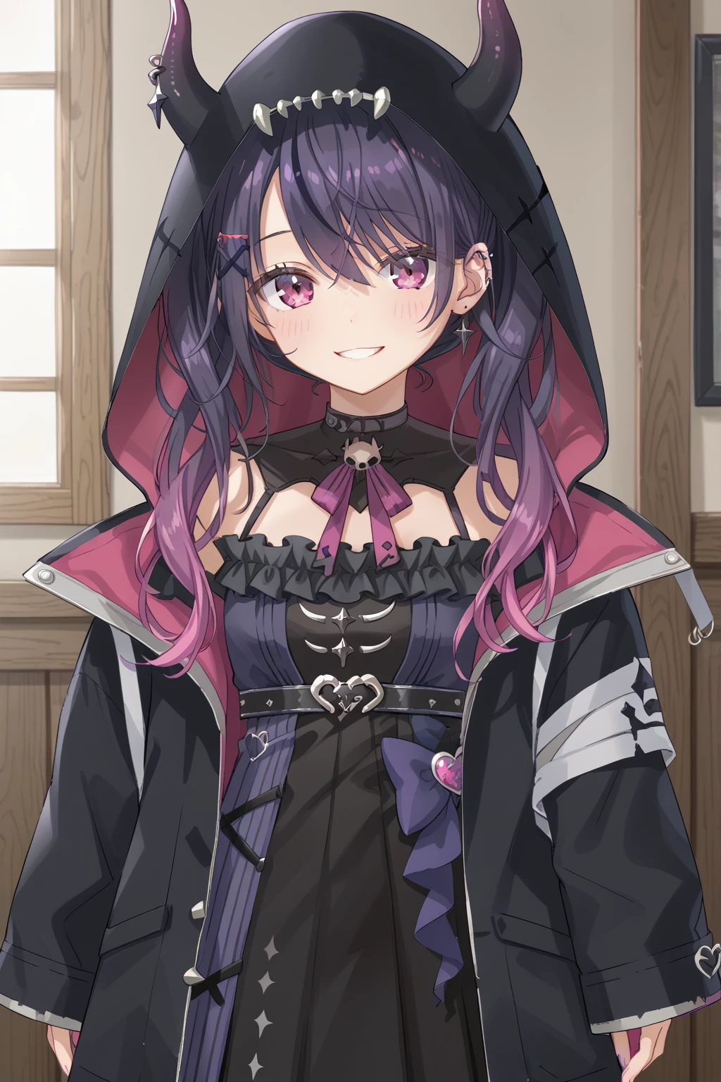 1girl, solo,
Amane Amu, 1girl, solo, twintails, black dress, open jacket,hood up, 
indoors, looking at viewer, standing, smile, cowboy shot,  <lora:çé³ãã_Amane_Amu_ããªãã«ã_Neo-Porte_Vtuber:1>