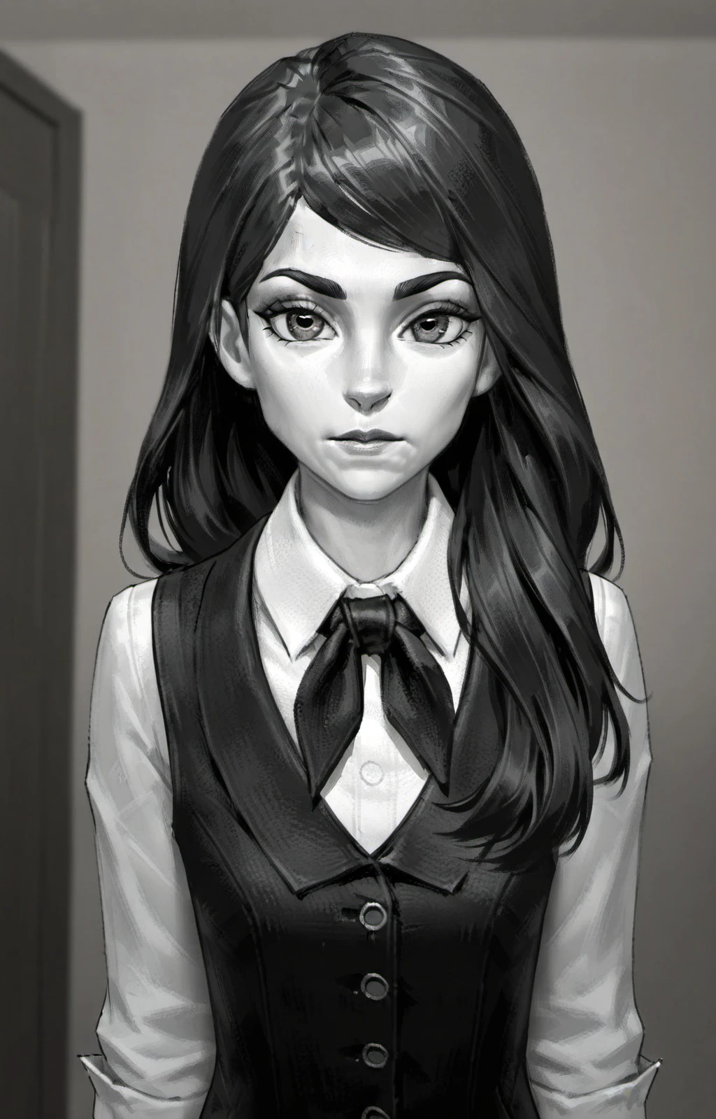 masterpiece, best quality, <lora:polina_morozova_ill_v1:0.7> polina_morozova, 1girl, solo, long hair, looking at viewer, shirt, monochrome, greyscale, collared shirt, vest