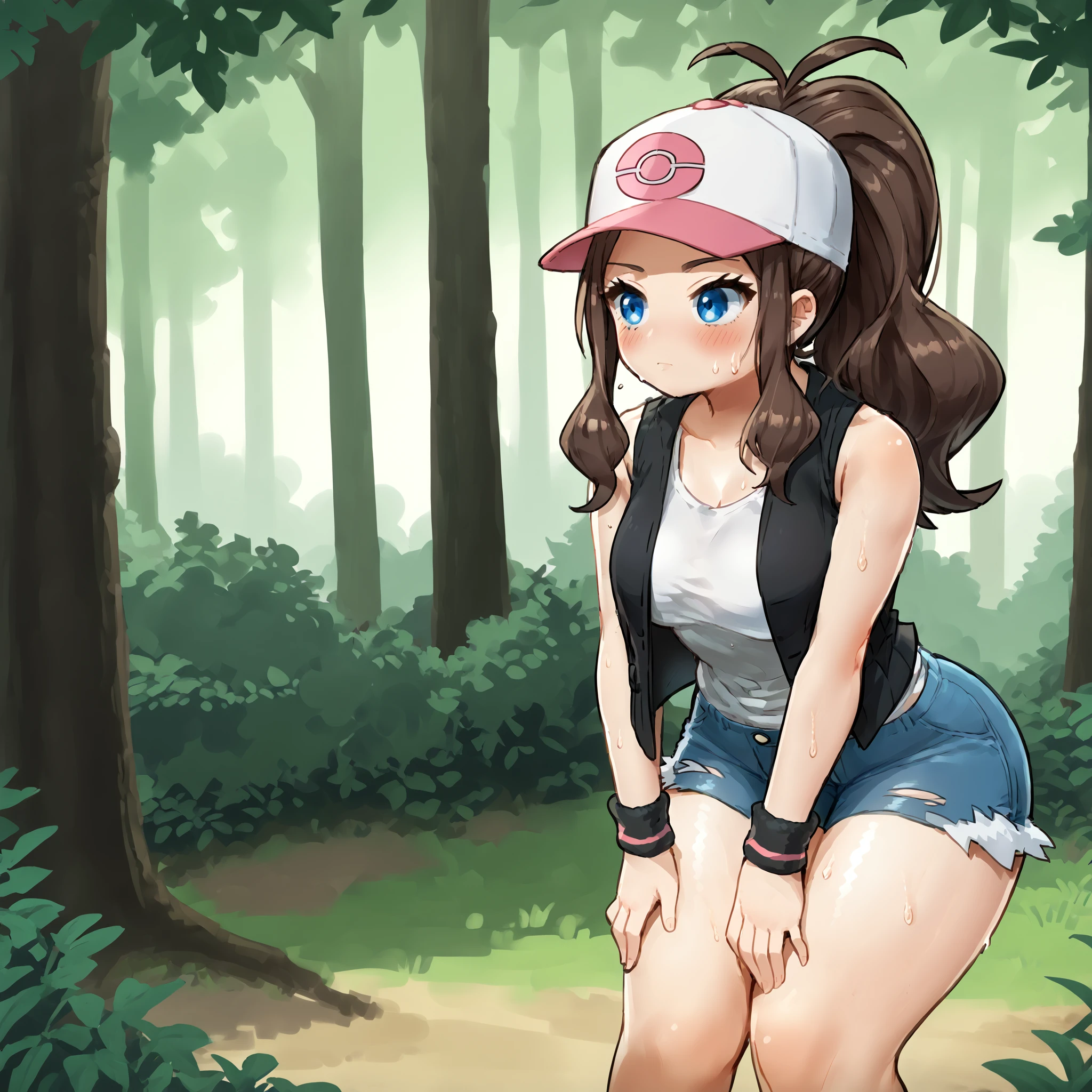 (masterpiece), best quality, (highly detailed), score_9, score_8_up, score_7_up, score_6_up, score_5_up, 1female, solo,  <lora:Ichika_style:0.8>,  <lora:pokemon-hilda-ponyxl-lora-nochekaiser:1>, thick thighs, wide hips, pokemonhilda, blue eyes, brown hair, long hair, ponytail, baseball cap, blue shorts, denim, hat, shorts, vest, wristband, sleeveless, black vest, white shirt, forest, bent over, hands on knees, sweating,