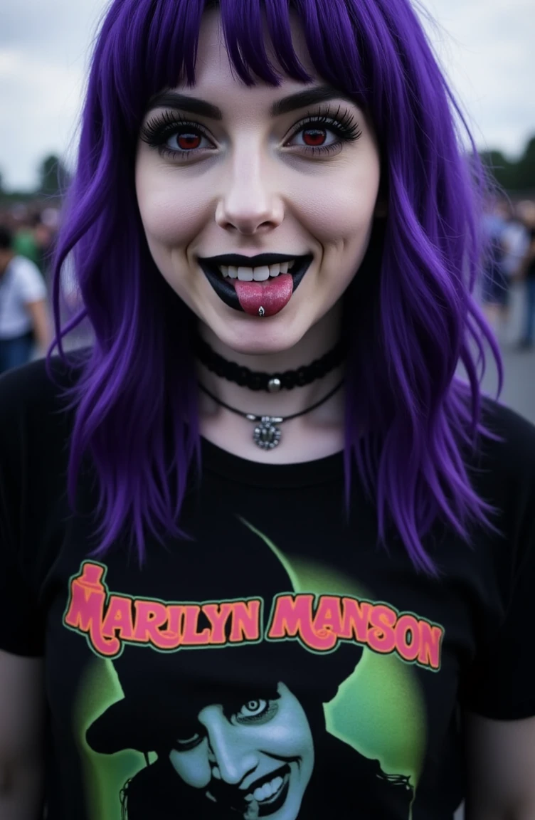 , ultra detailed, ultra realistic, ultra defined textures, cinematic, cinematic lighting, 8k, analog photo, 35mm,  in an outdoor music festival, she purple hair woman, red eyes, maniac smile, pierced tongue, heavy drematic black makeup, a young beautiful woman wearing a Marilyn Manson t-shirt, <lora:metal-gothic-girls:1> <lora:Rock&Metal-tshirts-Mar1lynManson-children:1> mar1lyn, Photorealistic, Hyperrealistic, Hyperdetailed, analog style, soft lighting, subsurface scattering, realistic, heavy shadow, masterpiece, best quality, ultra realistic, 8k, golden ratio, Intricate, High Detail, film photography, soft focus