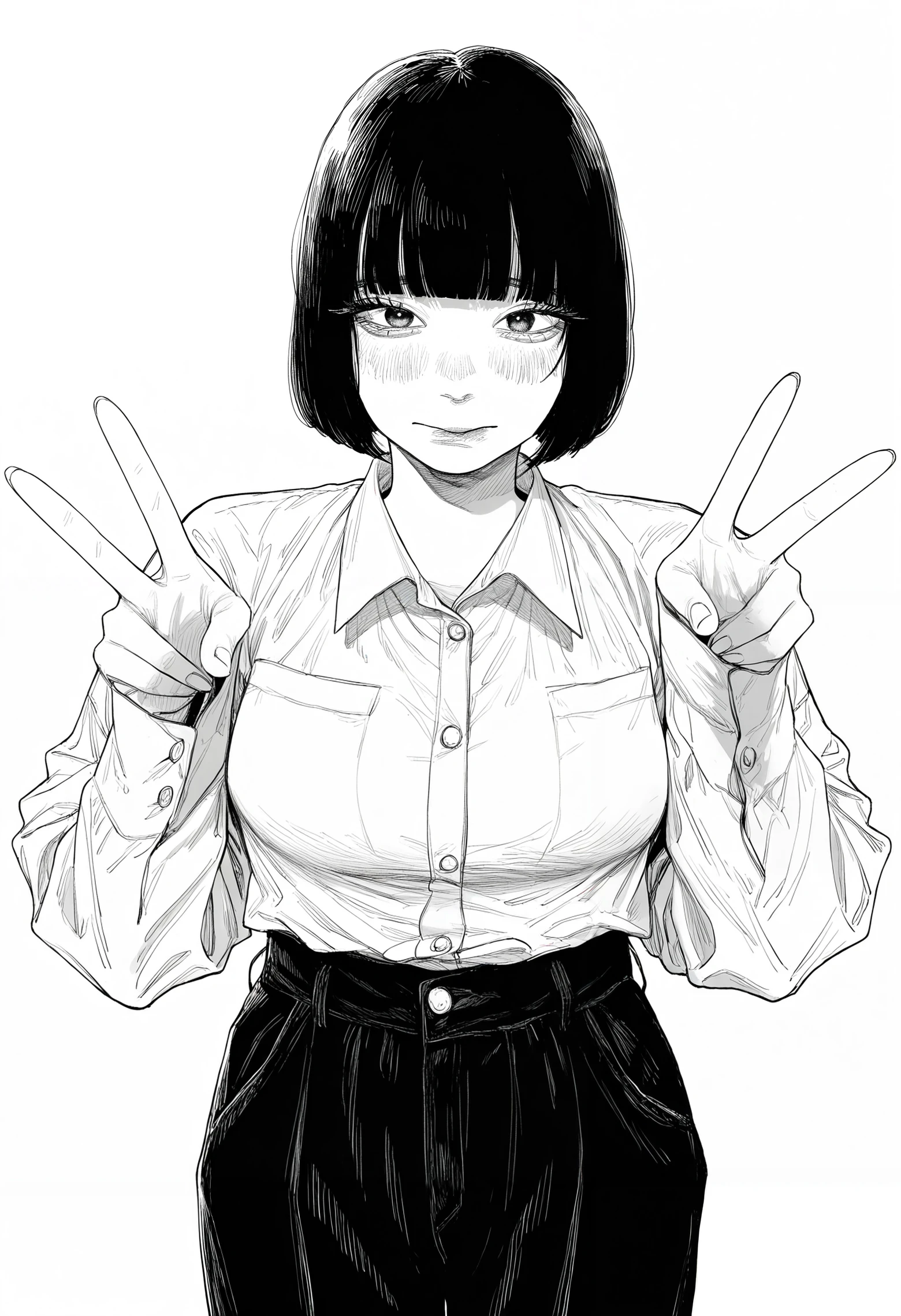 1girl, solo, black hair, short hair, blunt bangs, double v,
high-waist pants, wide pants, white shirt, long eyelashes, blush,
standing, straight-on,
masterpiece, best quality, amazing quality, absurdres, newest, monochrome, greyscale, realistic, white background,
<lora:owk_bsh_yy:0.8>