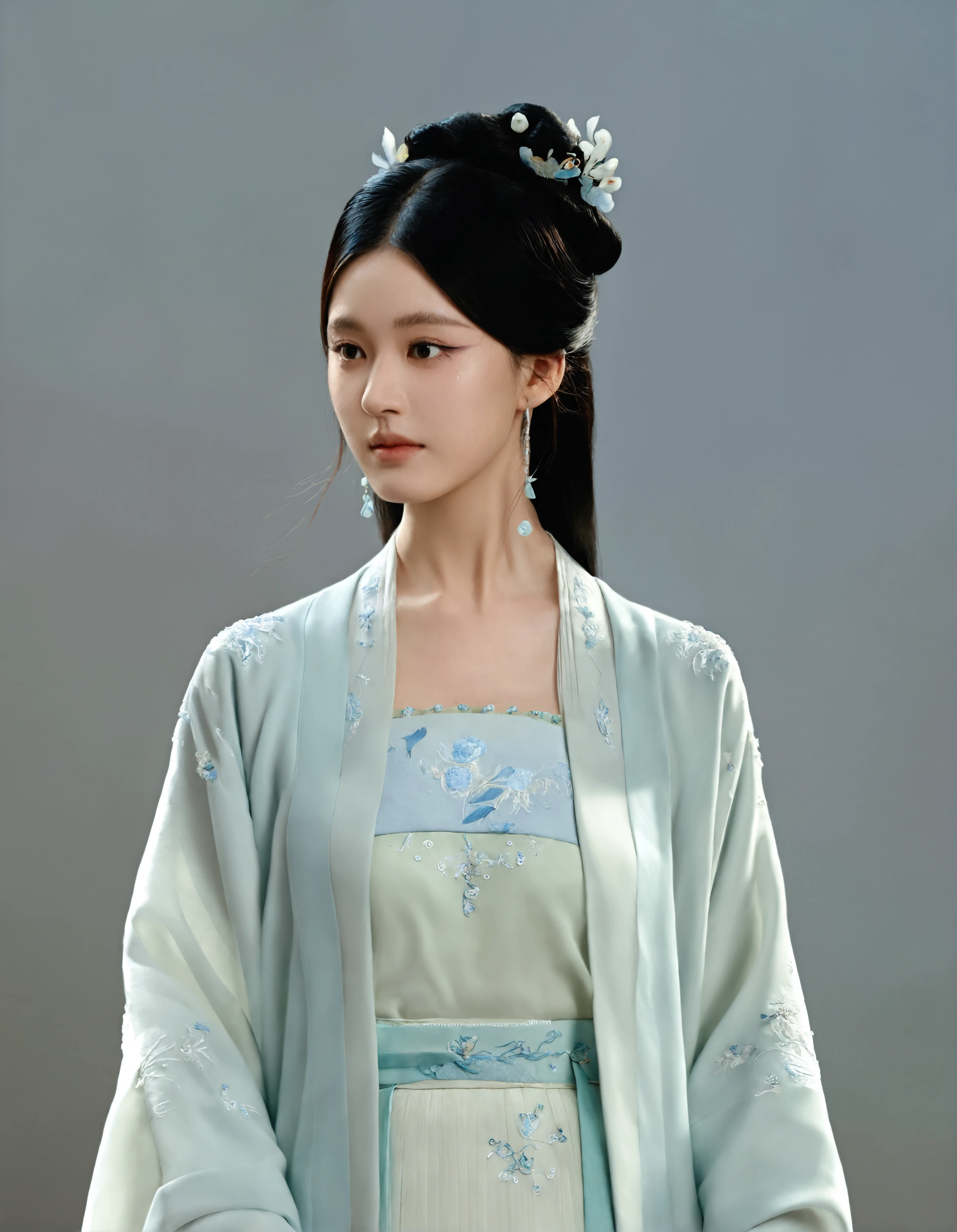 score_8_up,ZHAOLS,medium shot,front view,this image features a woman standing in studio,
She has long, straight black hair styled elegantly with decorative white flowers, giving her a graceful appearance. Her clothing is a light blue hanfu with intricate floral embroidery around the collar,The woman has a calm expression, with subtle makeup,
The background is studio settings, Soft,even lighting enhances her facial features, casting no harsh shadows, thus creating a serene and sophisticated atmosphere. Her overall appearance suggests poise and grace, with the simplicity of the background emphasizing her presence.