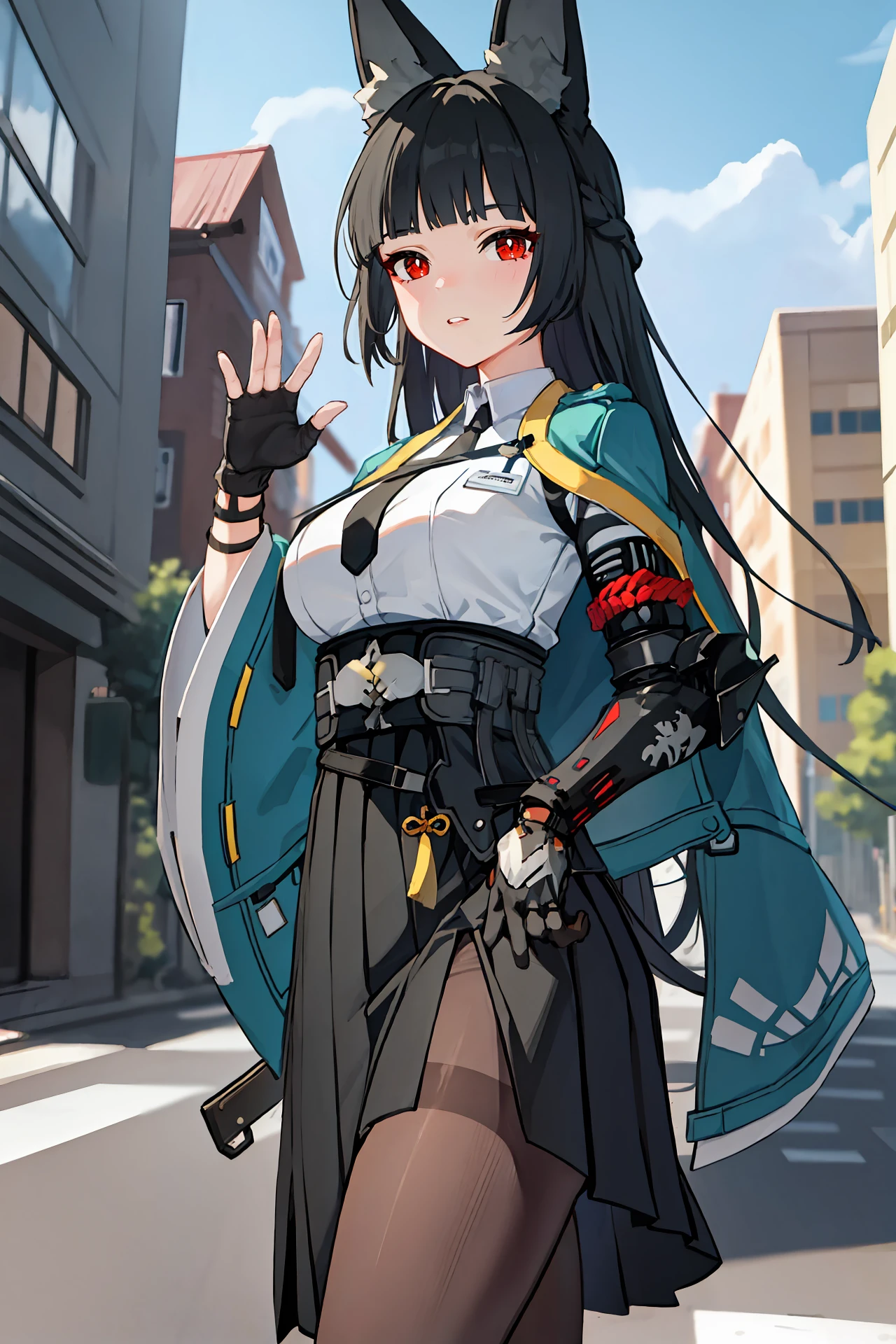 1girl, hoshimi miyabi, solo, black pantyhose, hakama short skirt, fingerless gloves, white collared shirt, aqua jacket, single mechanical arm, arm out of sleeve, black necktie, looking at viewer, parted lips, street, outdoors, depth of field, leg, waving, cowboy shot